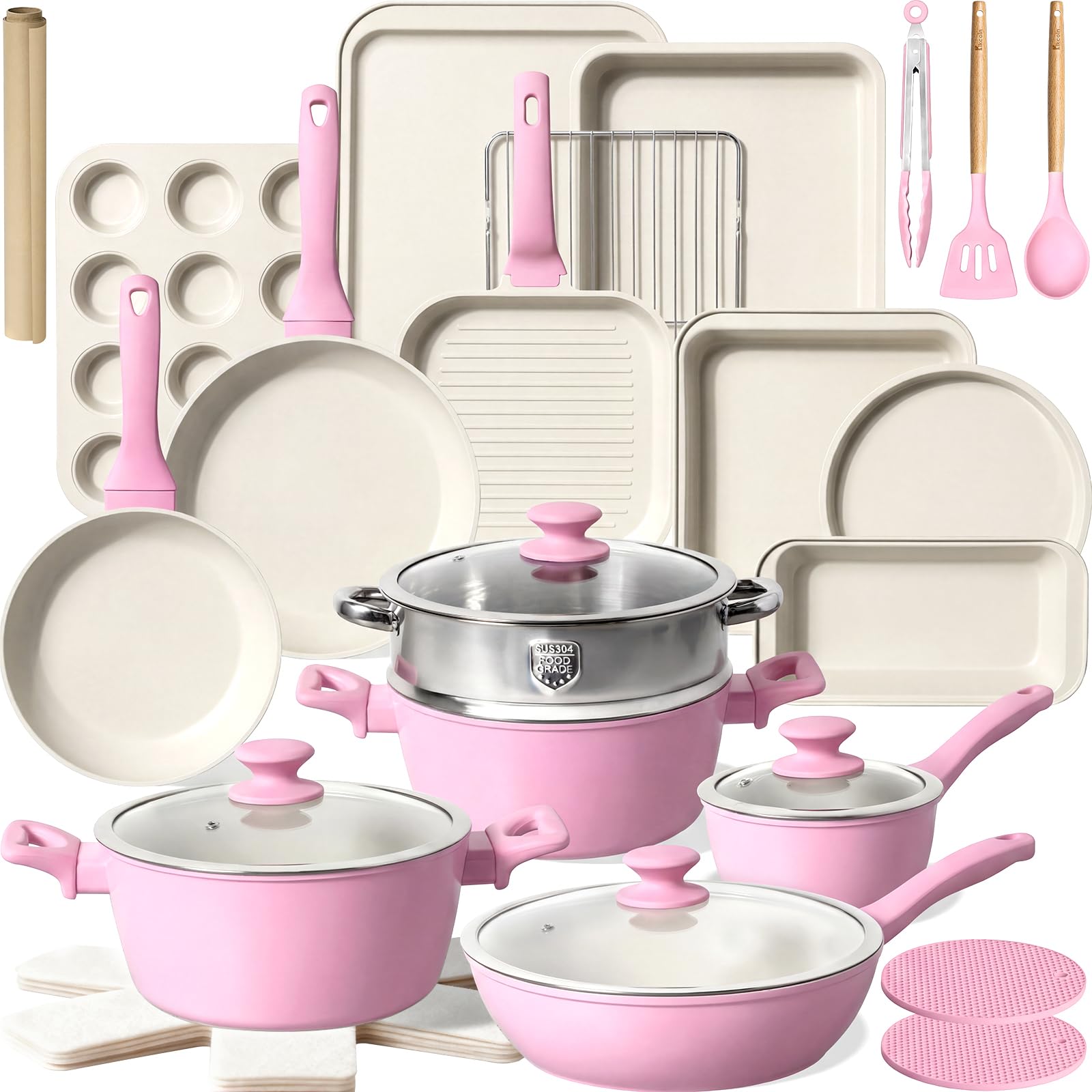 Kikcoin 31 Piece Pots and Pans Set Non Stick Kitchen Cookware Sets
