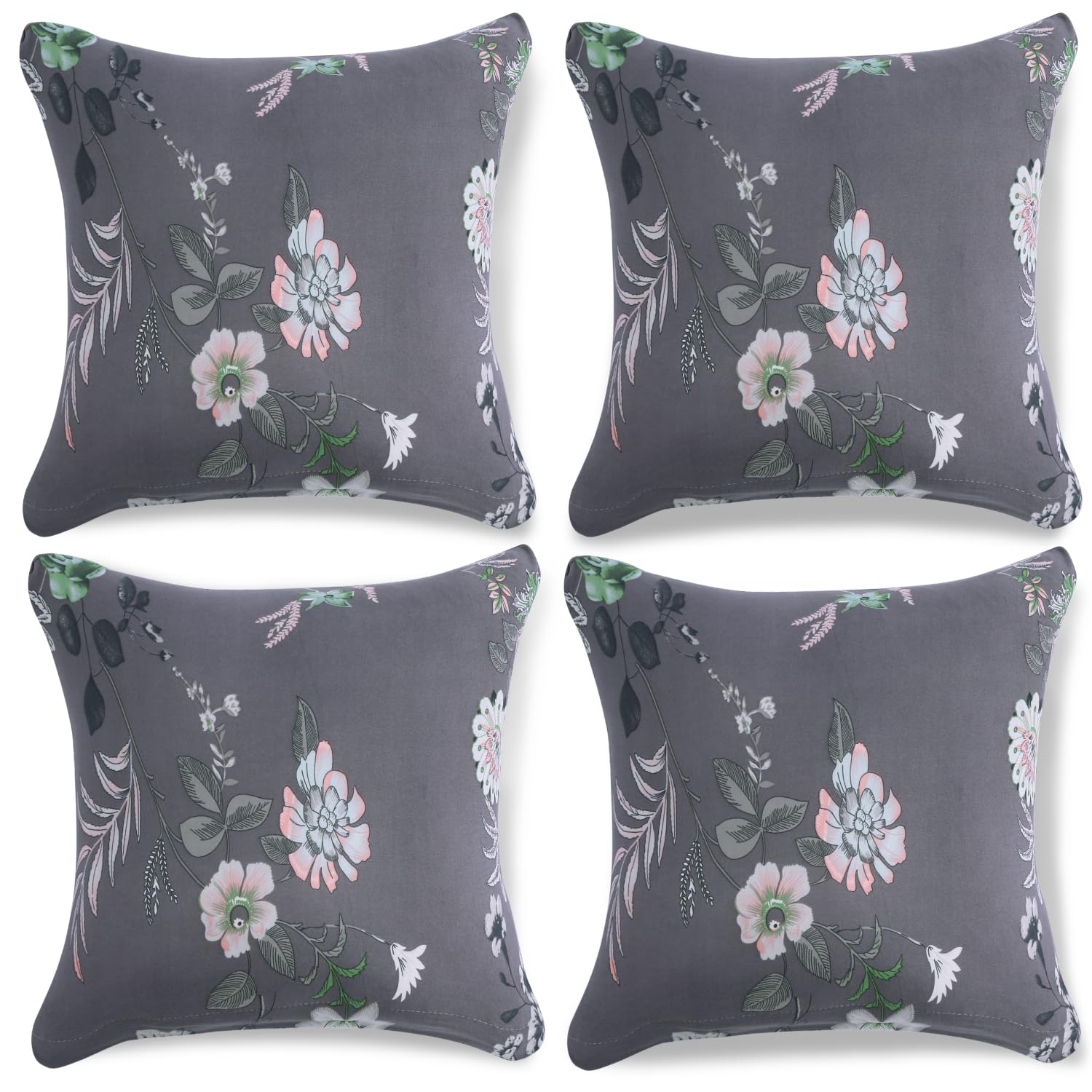 Hokipo Stretchable Cushion Cover For Sofa 16X16, Pack Of 4, Bentonite Grey Budding Florals (Ar-5137-D1*4)