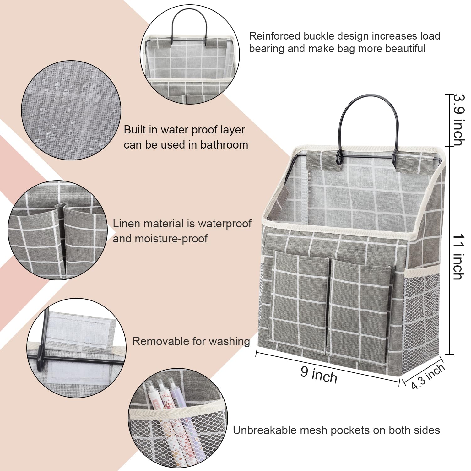 Lyroo 2 Pack Grey Plaid Wall Hanging Storage Wall Hanging Organizer Basket With Pockets For Bathroom Bedroom Kitchen Dorm Room E