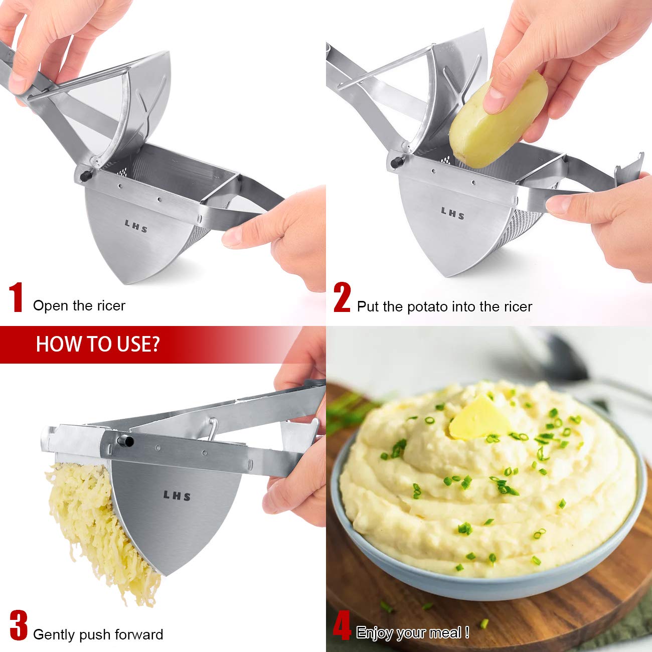 LHS Potato Ricer and Masher Stainless Steel Heavy Duty Commercial Baby Food Strainer  Business Fruit Masher and Food Press with Ergonomic Comfort Grip