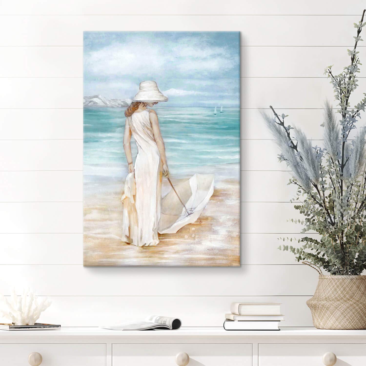 Abstract Beach & Girl Artwork Picture: Blue Seascape Painting Coastal Wall Art On Canvas For Living Room (24    X 36    X 1 Pane