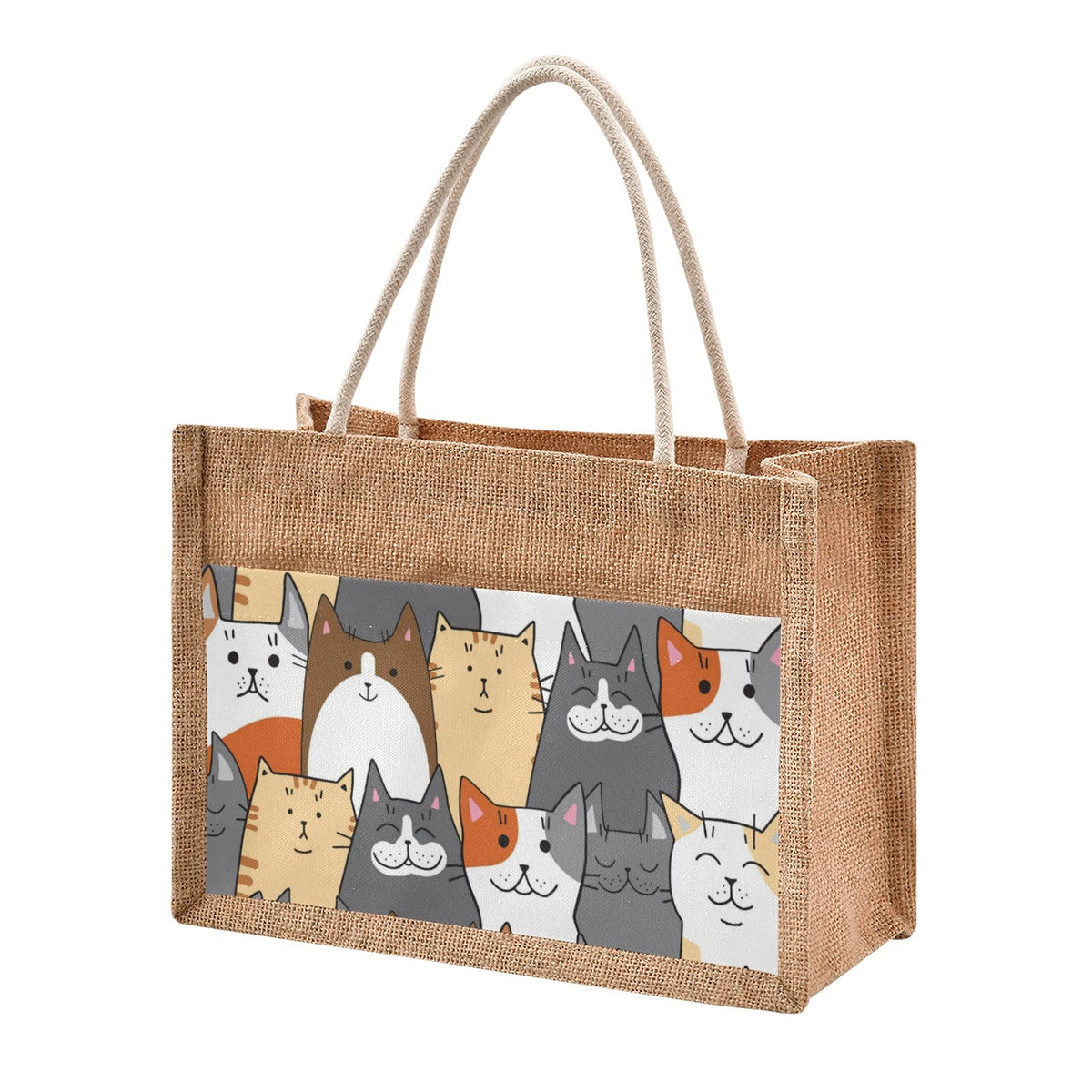 Cataku Cats Funny Jute Tote Bags With Handles & Zipper Reusable Shopping Grocery Bags Burlap Bags With Front Canvas Pocket Gift