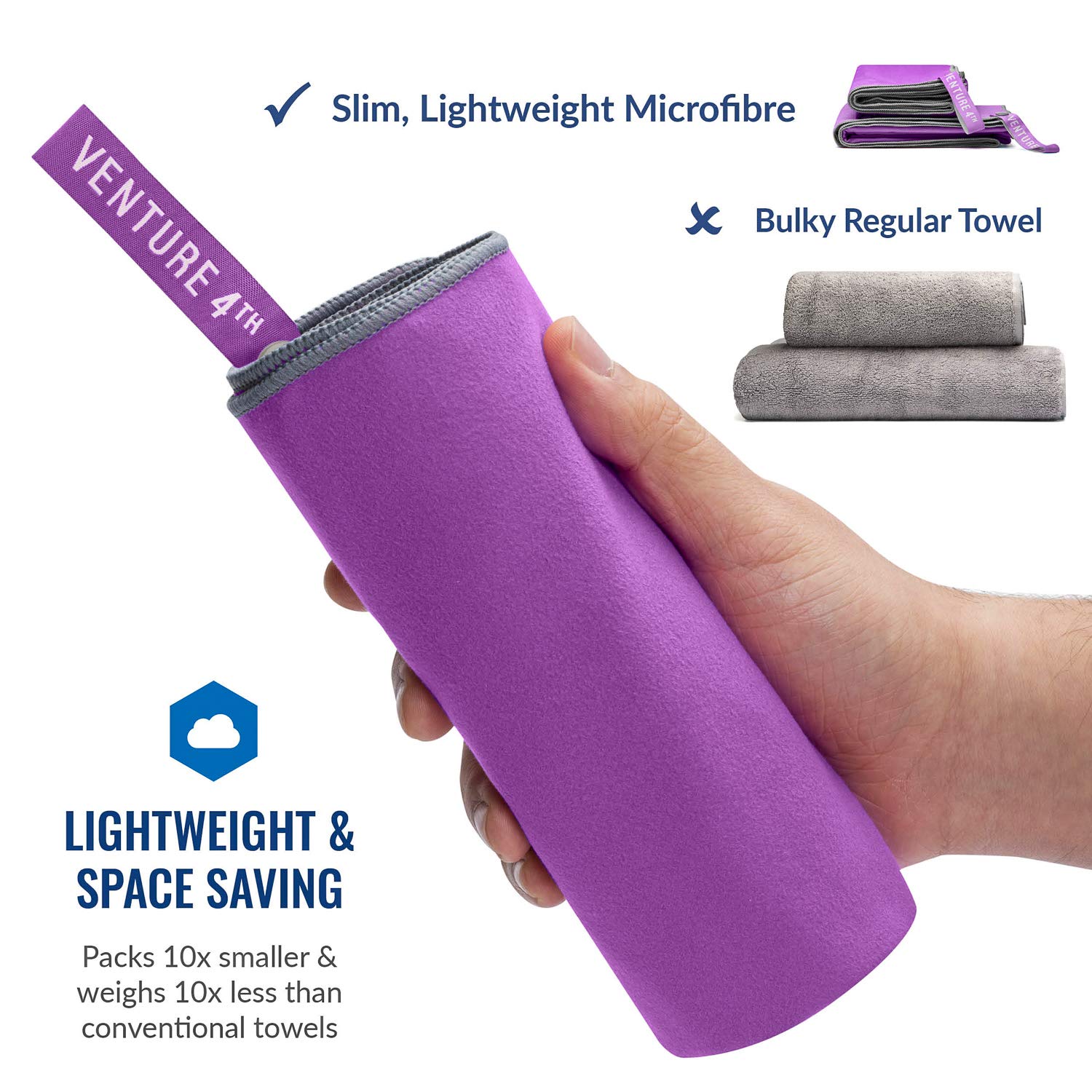 VENTURE 4TH Quick Dry Microfiber Towel - Odor Resistant  High Performance Towels for Gym  Camping  Travel  Yoga and Beach (Purple-Gray Large) - Includes Tear Resistant Bag