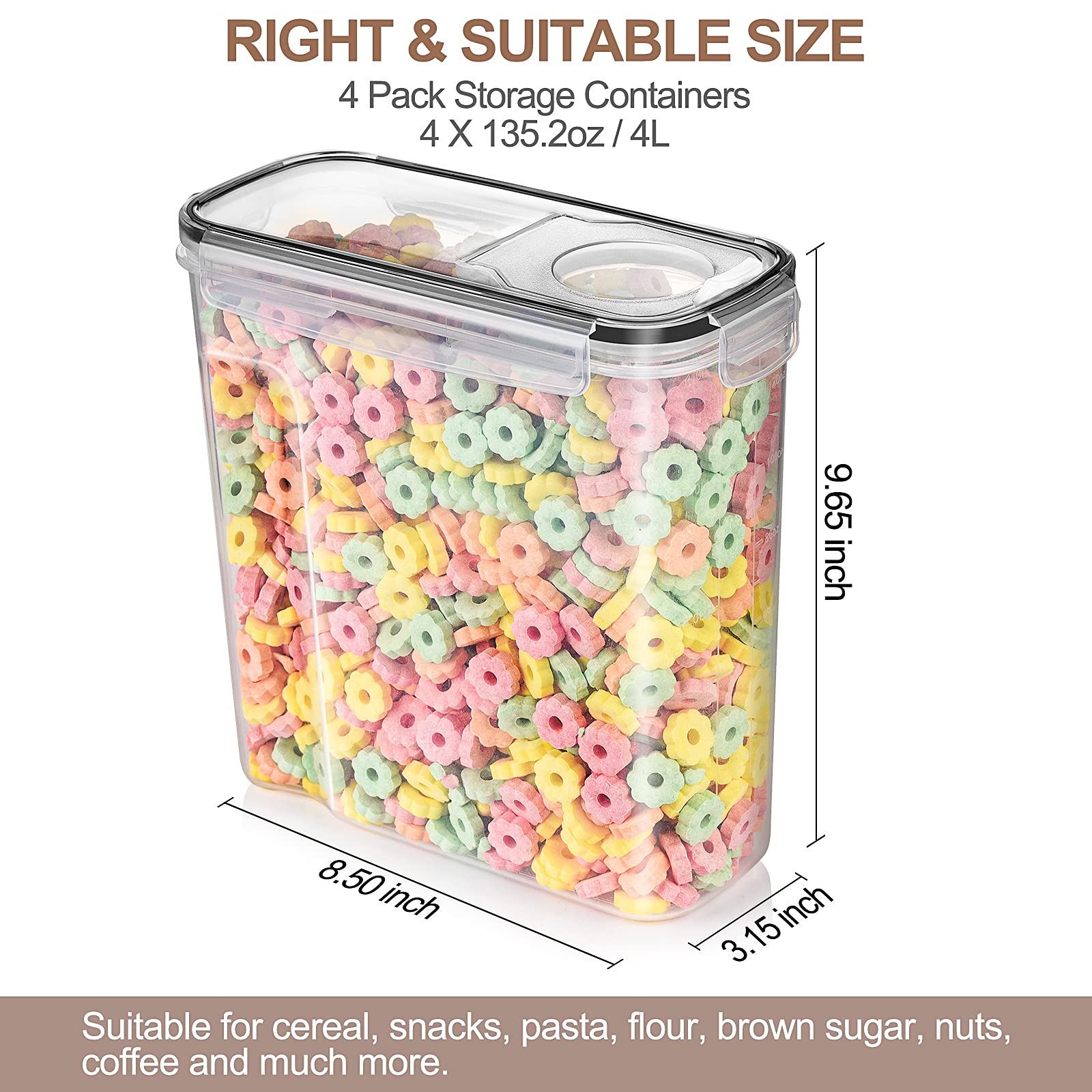 Tiawudi 4 Pk Cereal Containers Storage Set 135.2Oz/4L Each, Airtight Food Storage Containers, Large Cereal Dispenser, Kitchen Pa