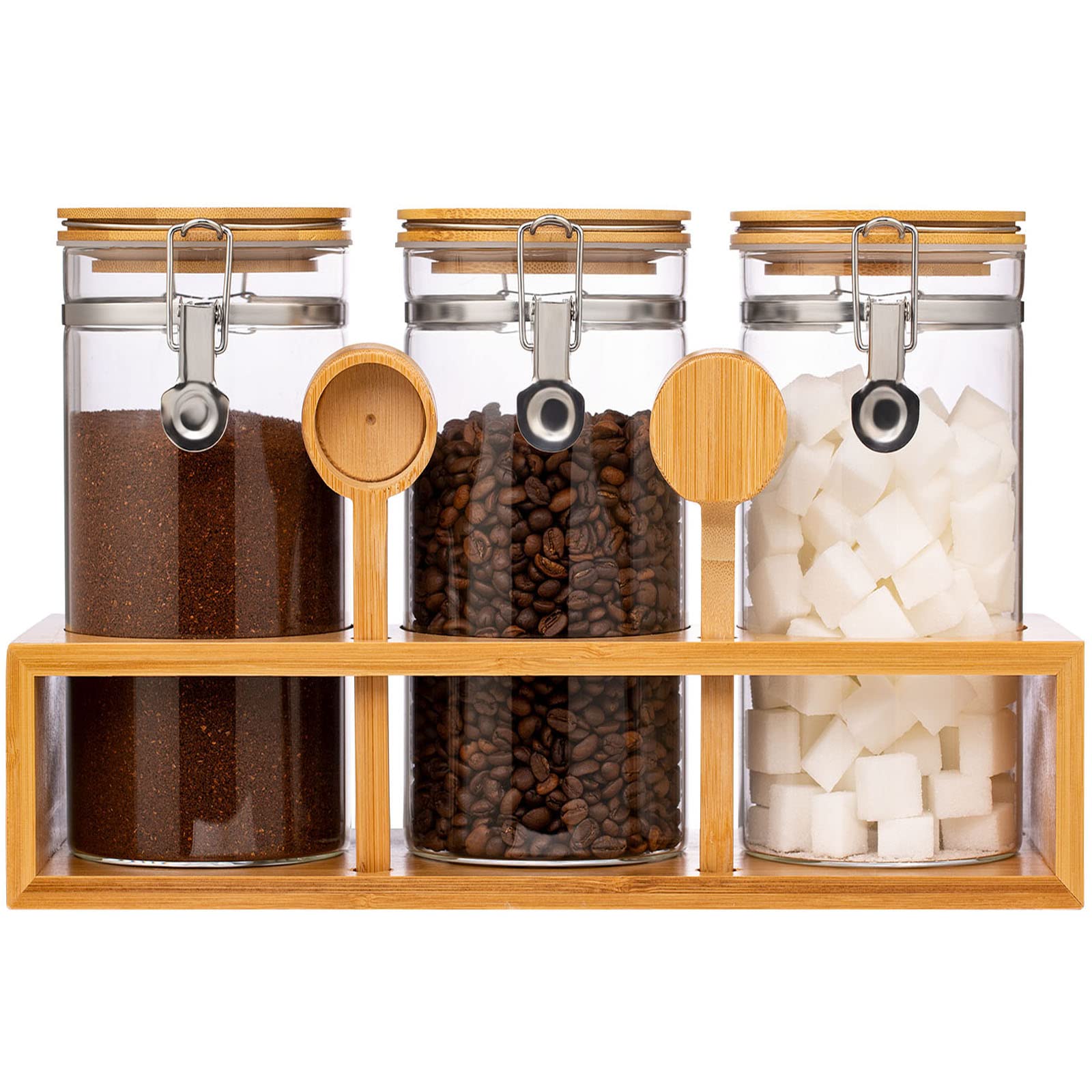 Yangbaga Glass Coffee Sugar Containers With Shelf, 3 X 45 Oz Coffee Bean Storage Station Organizer With Airtight Locking Clamp A