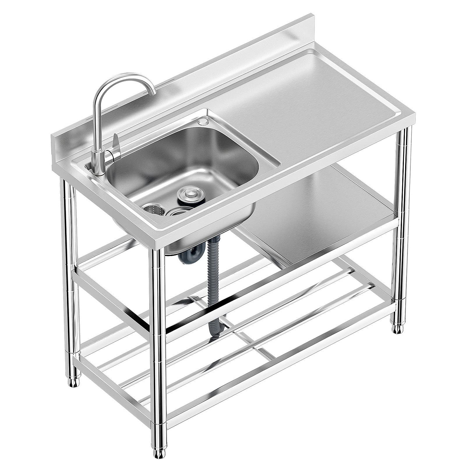 Free Standing Stainless-Steel Single Bowl Commercial Restaurant Kitchen Sink Set W/Faucet & Drainboard, Prep & Utility Washing H