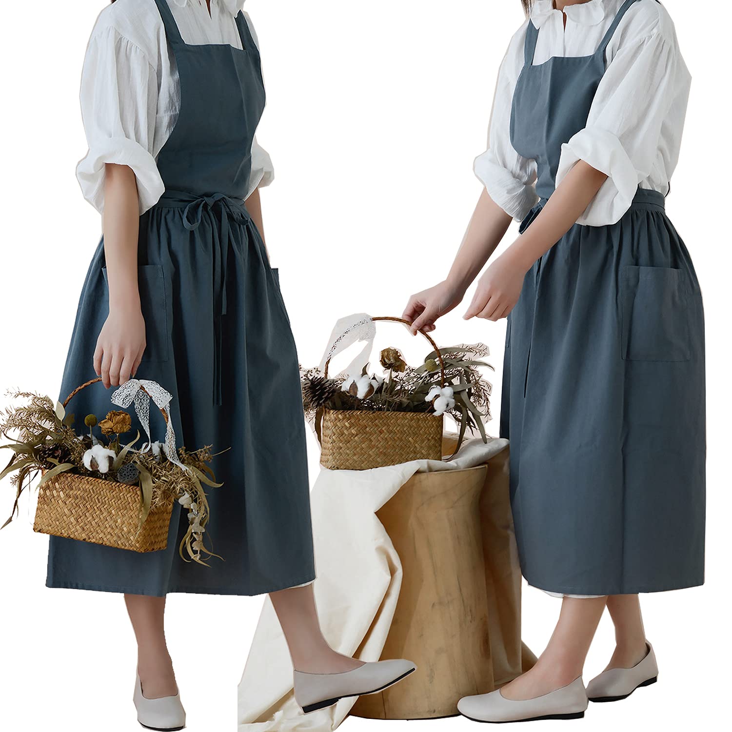 Vlzufe Women Cotton Linen Cross Back Apron For Gardening Works Pinafore Dress With Pockets Navy