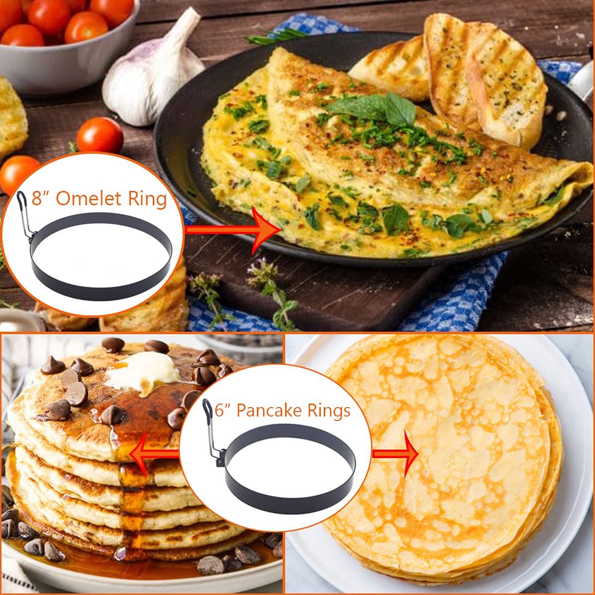 8'' Omelette Ring,6'' Pancake Ring,4'' Griddle Egg Ring,Non-Stick Stainless Steel Egg Cooker Omelet Ring Set(Upgrade Large 3 Pac