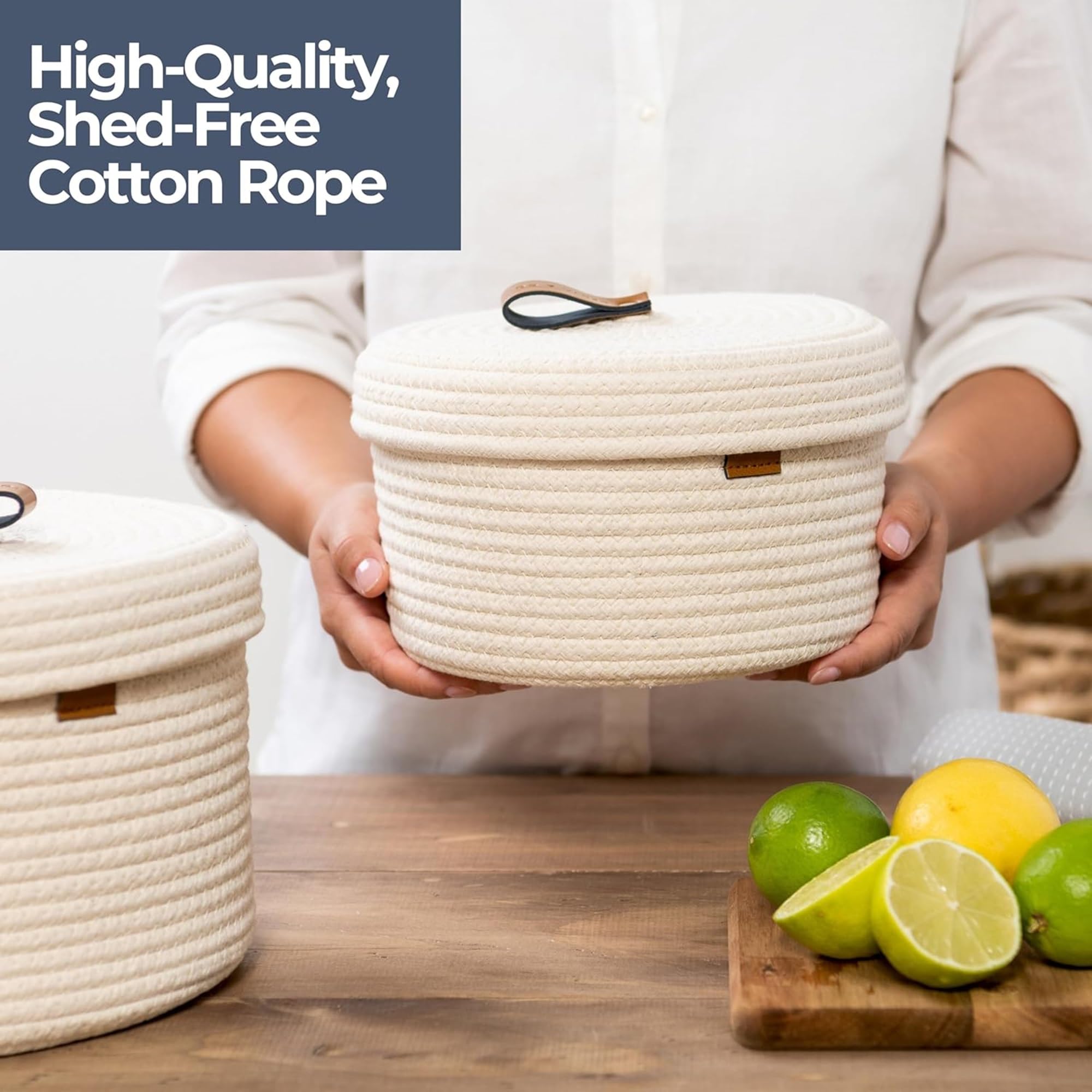 Denja & Co Set Of 2 Decorative Storage Baskets With Lids - Round Woven Baskets For Home Decor And Organizing - Small Shelf Baske