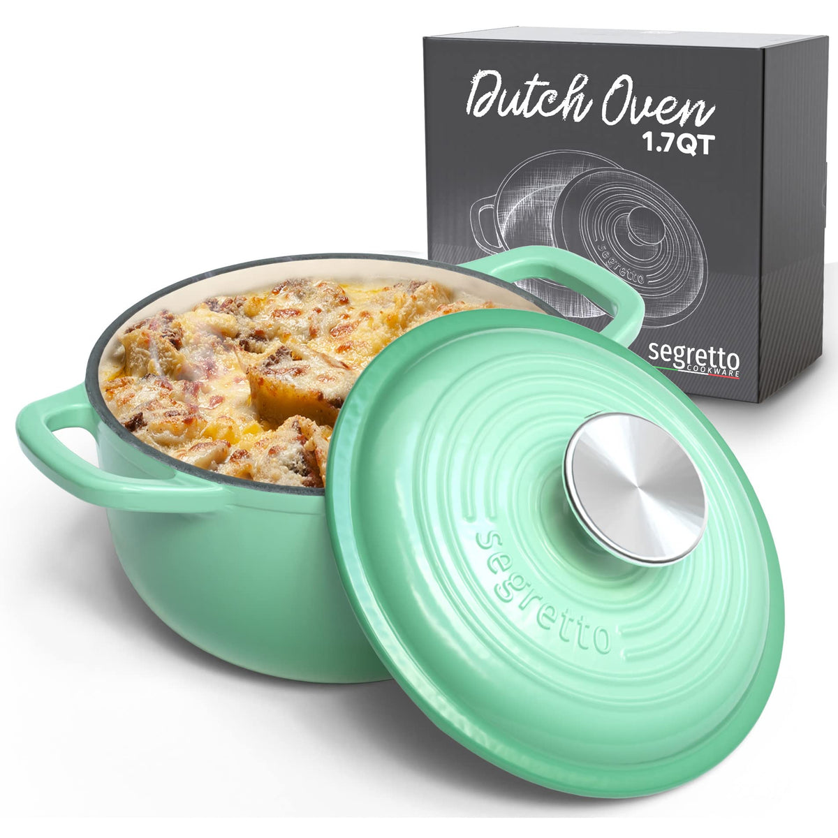 Segretto Cookware Enamel Dutch Oven Cast Iron With Handle Verde Chiaro (Light Green) 1.7 Quarts Enameled Cast Iron Dutch Oven Wi