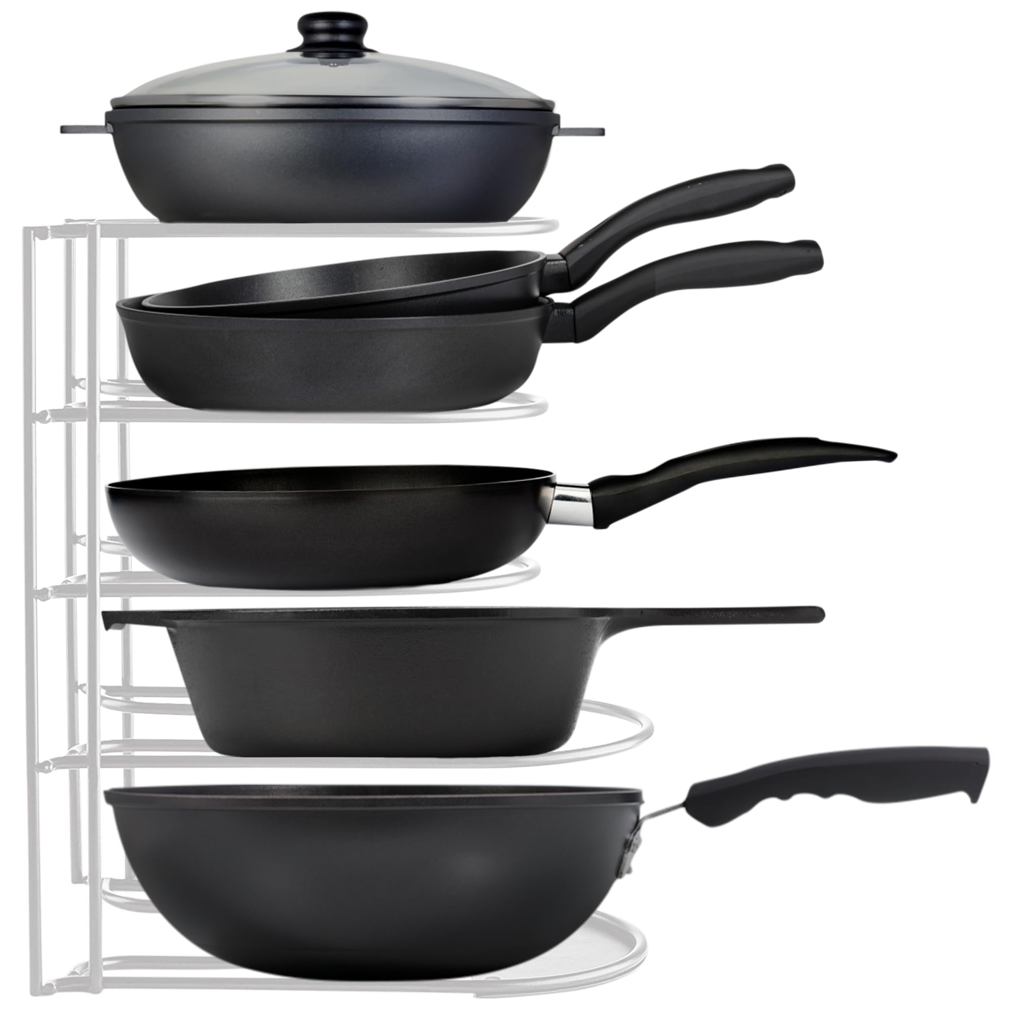 Extreme Matters Heavy-Duty Pots And Pans Organizer | 5-Tier Cookware & Lid Storage Rack | Free-Standing Or Wall-Mount | Kitchen