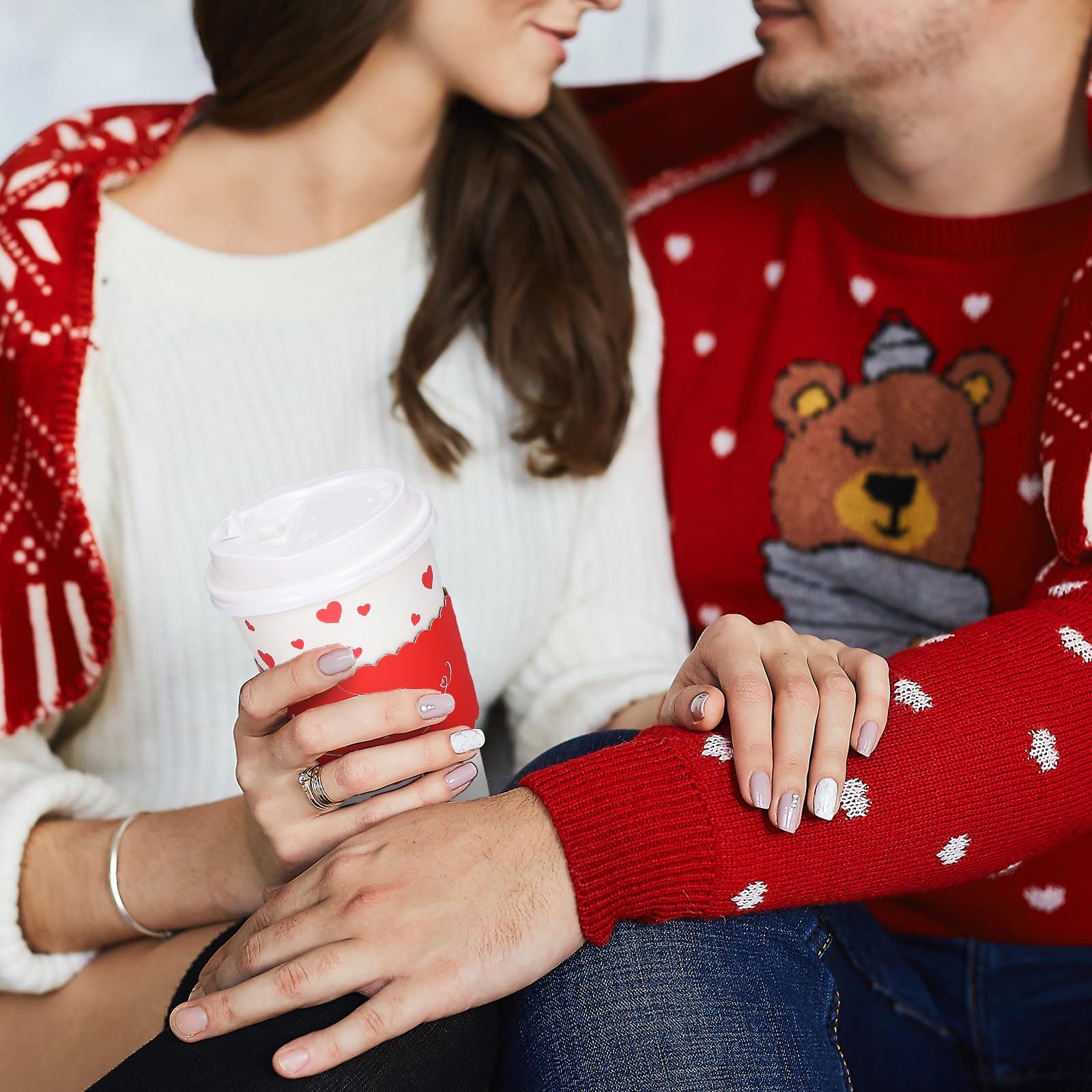 Whaline 50Pcs Valentine'S Day Disposable Coffee Cups With Lids And Sleeves Red Mini Love Heart Paper Drinking Cups For Wedding A