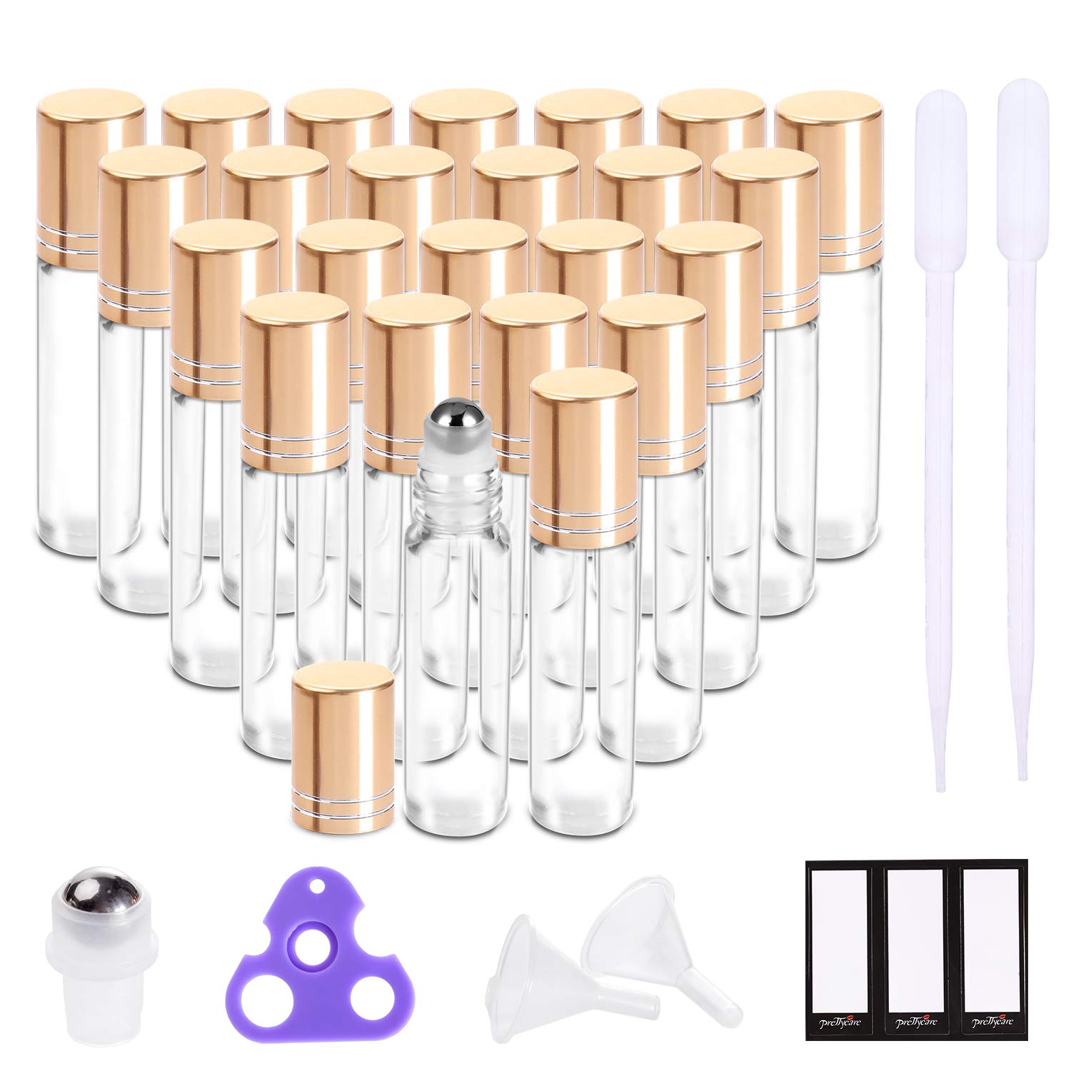 Prettycare Essential Oil Roller Bottles 10Ml (24 Pack Clear Glass Bottle With Gold Cap, 4 Extra Roller Balls,48 Labels, 2 Opener