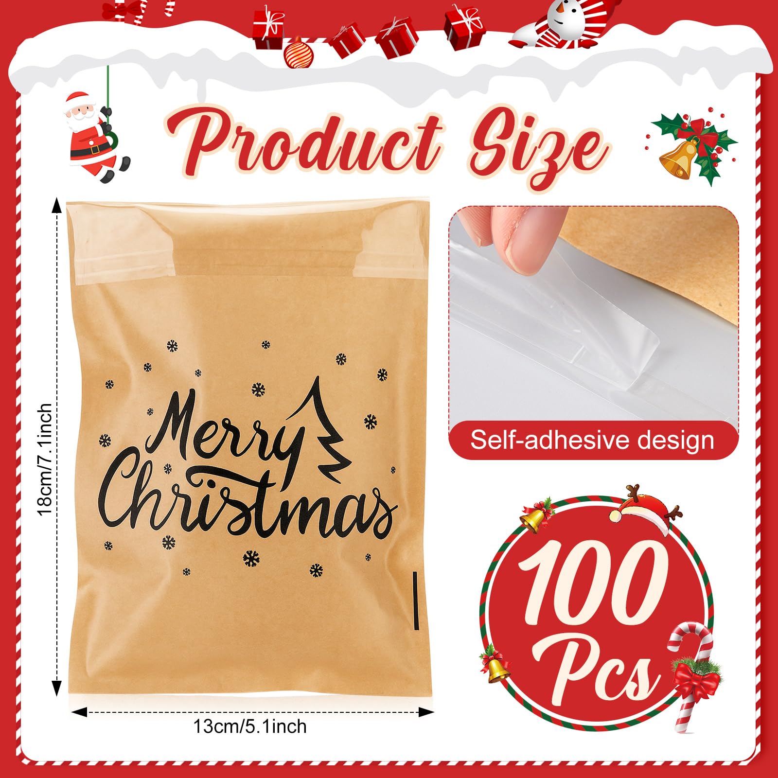 MotiMind 100 Pcs Clear Merry Christmas Cookie Bags Front Paper Self Adhesive Gift Bags Xmas Kraft Paper Treat Candy Container fo