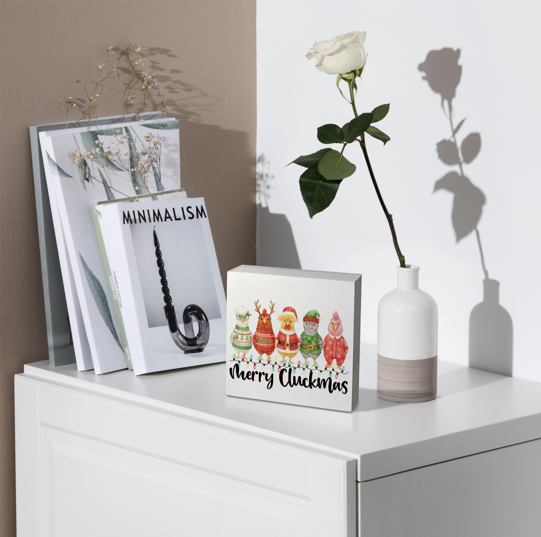 kunlisa Funny Christmas Chicken Wooden Sign, Farmhouse Christmas Decor, Chicken Lover Gifts, Xmas Hen Rooster Wood Box Sign for