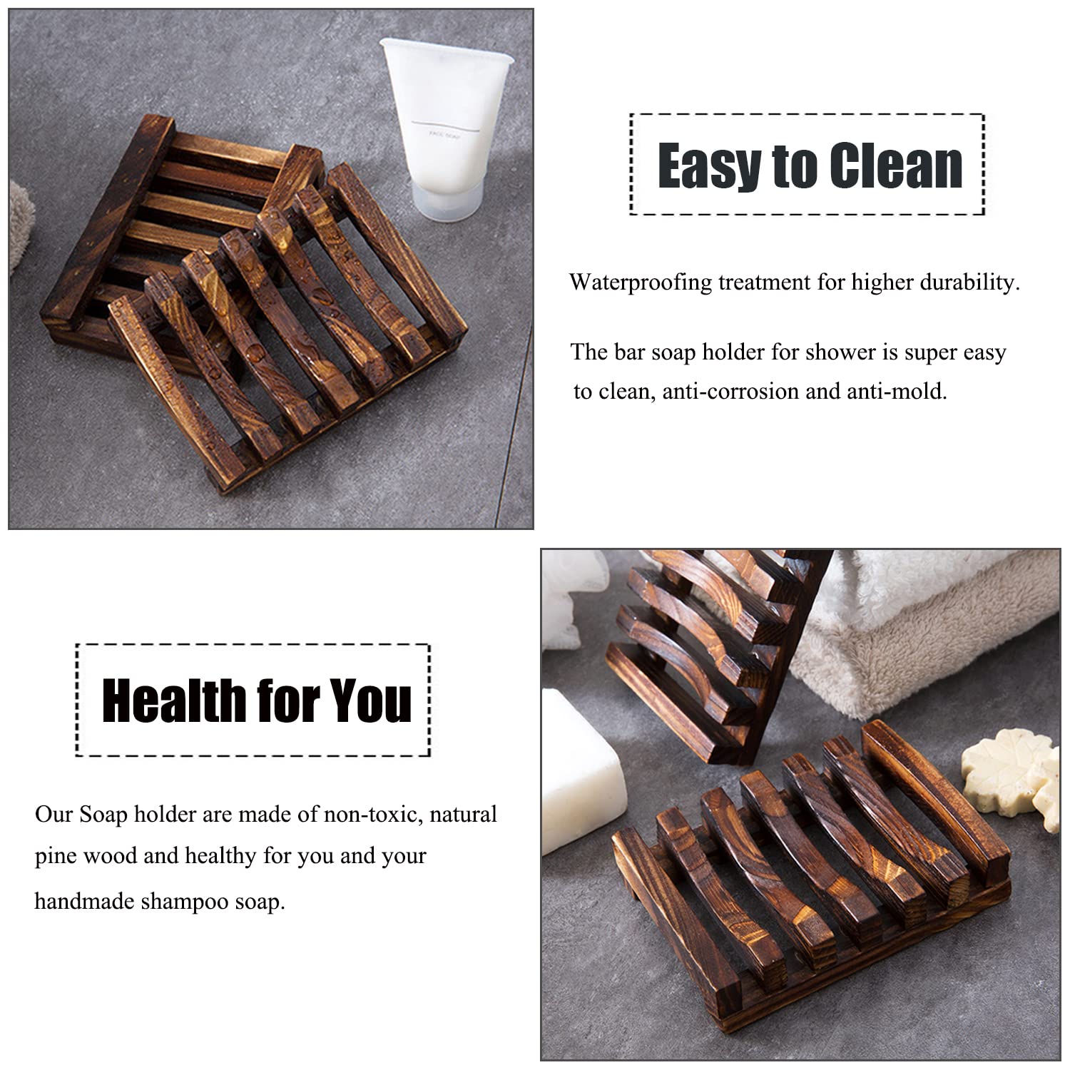 Soap Dish Holder  3 Pcs Natural Wooden Soap Saver  Soap Case for Shower  Self Draining Soap Tray for Bathroom  Extend Soap Life  Keep Soap Bars Dry Clean & Easy Cleaning(Charcoal)