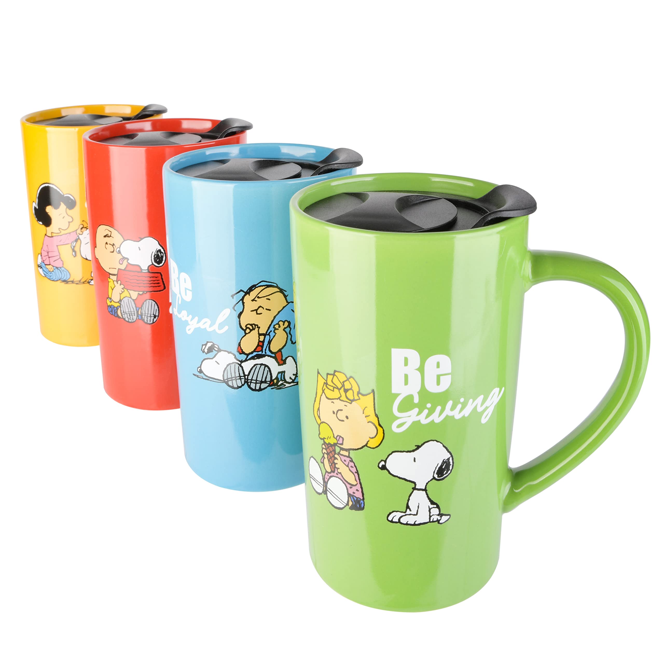 Peanuts Snoopy Gentle Reminders 18Oz Travel Cup W/Lid, Stoneware, 4-Pack, Assorted Colors