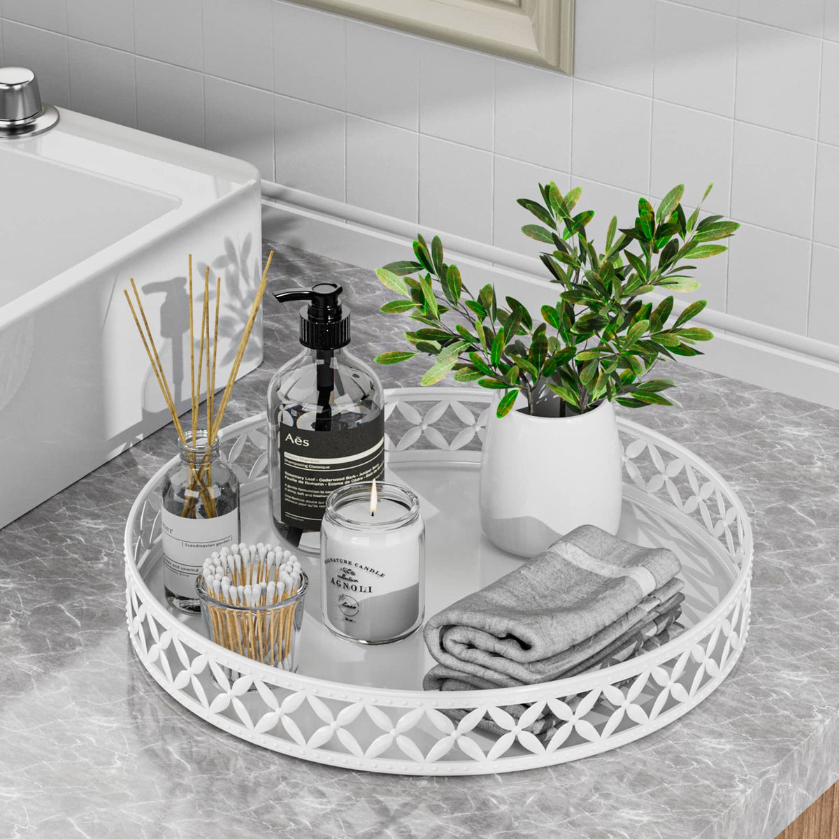 Eknitey Bathroom Trays For Counter - 11 Inch White Decorative Tray Countertop Cosmetics Vanity Perfume Organizer Storage Tray Fo