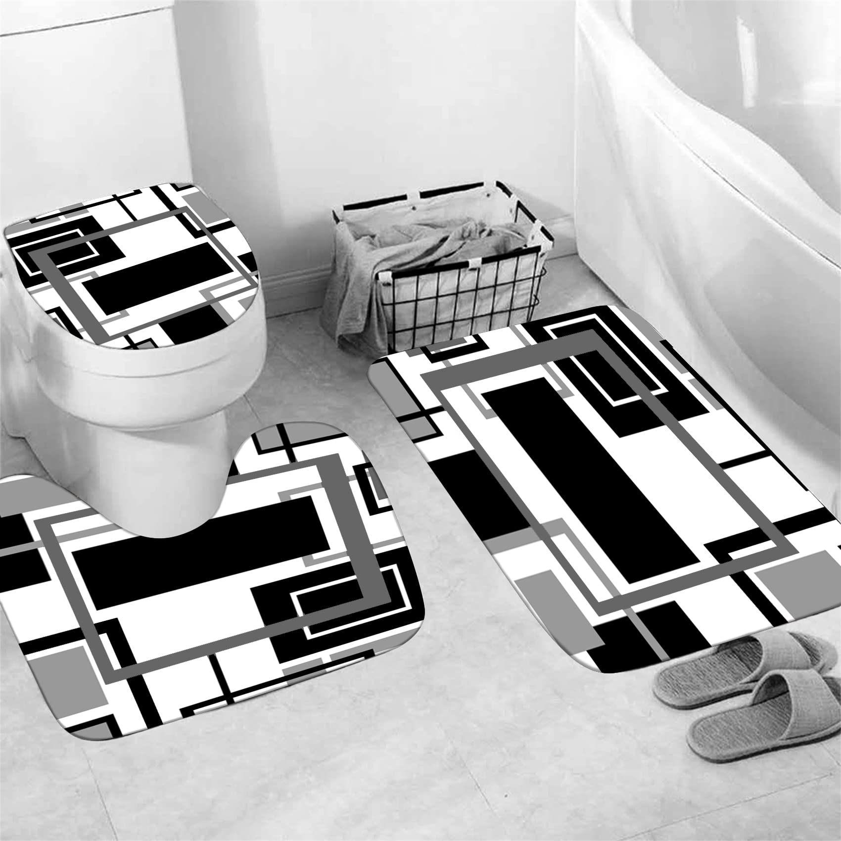 Yddsky 4 Pcs Black Geometric Shower Curtain Sets Non-Slip Bath Rugs  Toilet Cover  U-Shaped Mat  Abstract Geometric Modern Shower Curtain with 12 Hooks  Black and White Bathroom Set