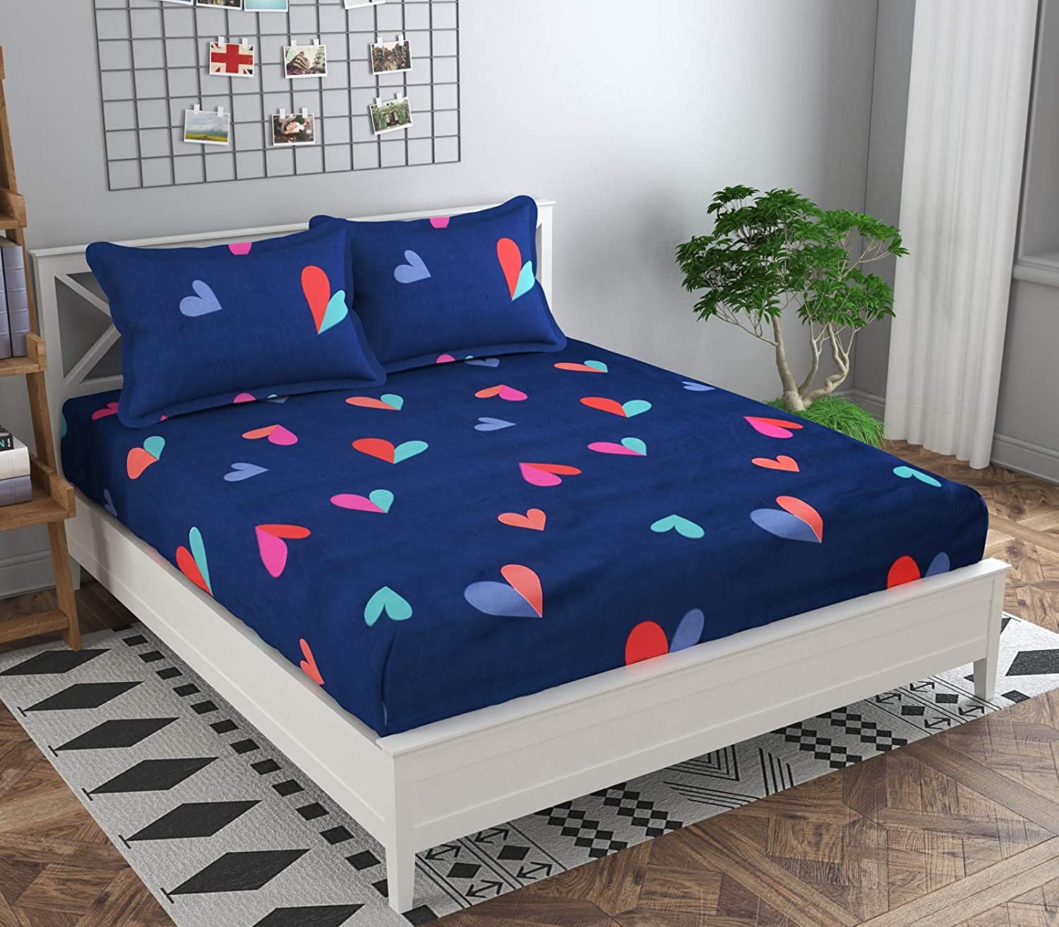 T Tungol Cotton Feel Glace Cotton Elastic Fitted Printed King Size Double Bed Bedsheet With 2 Pillow Cover (72X78X6,Fits Upto 6 