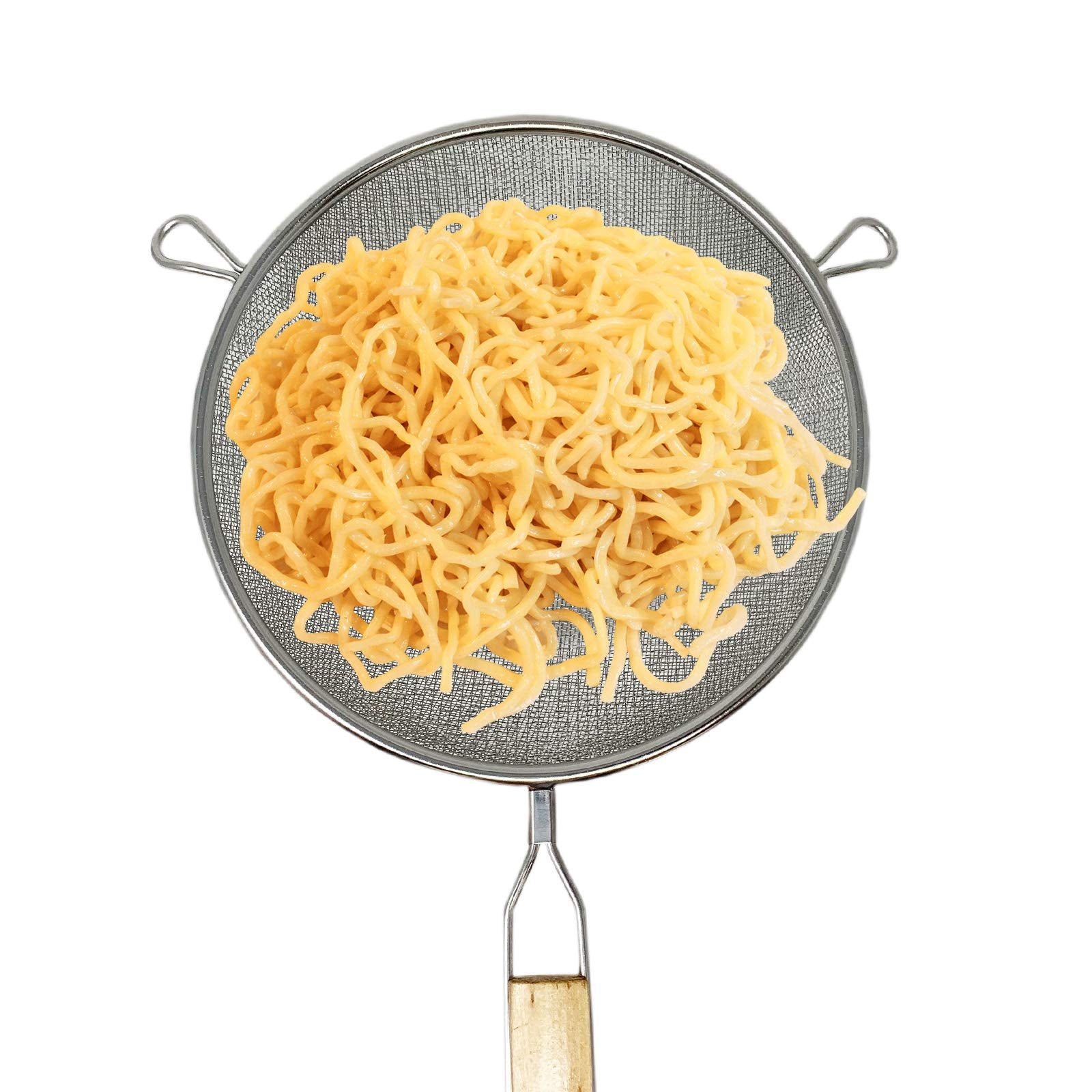 Huji Stainless Steel Fine 8'' Double Mesh Food Strainer Colander Sieve Sifter With Wooden Handle For Kitchen Rice Pasta Noodles