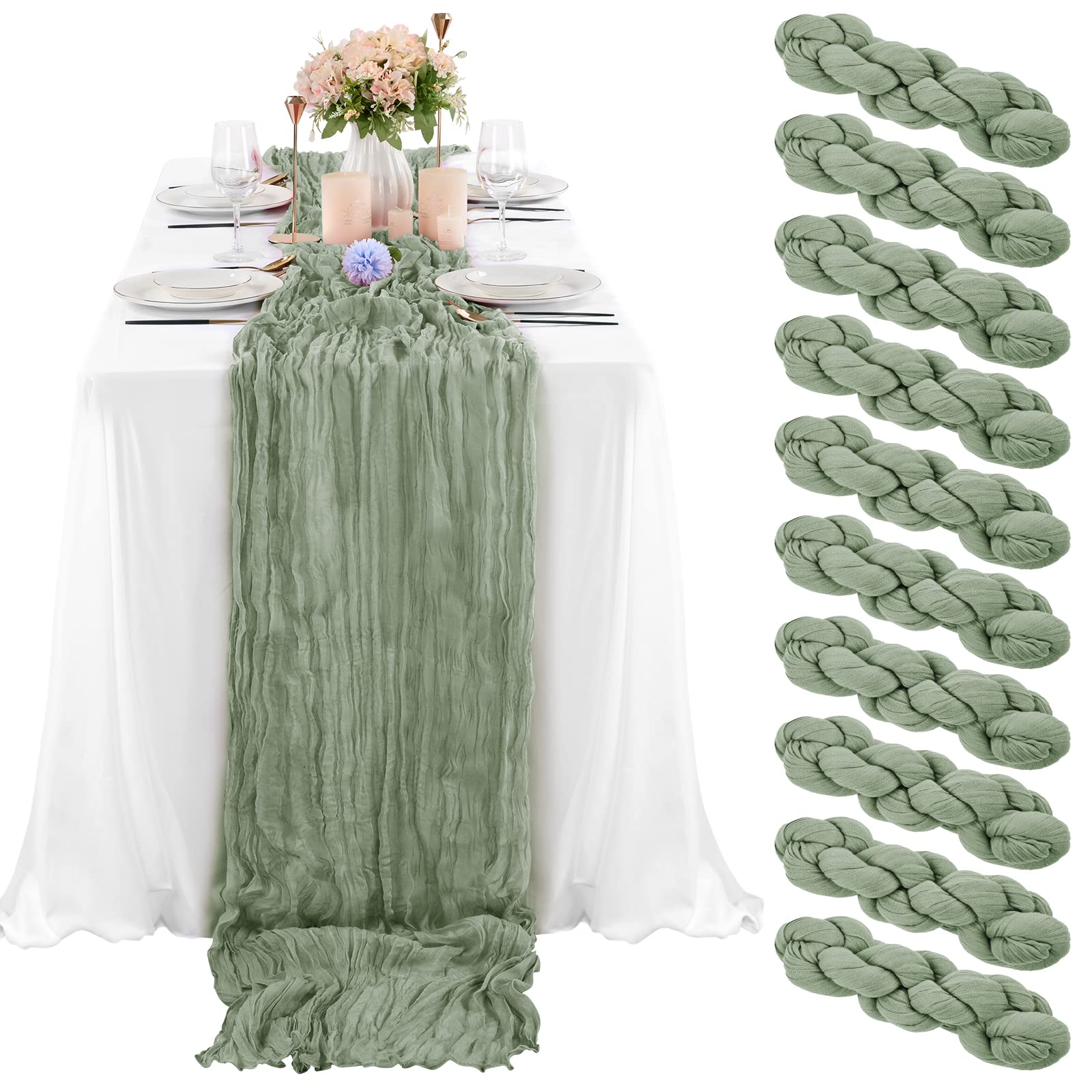 10 Pcs Sage Green Cheesecloth Table Runner 10Ft, Gauze Table Runner For Wedding Reception Sheer Bridal Shower Birthday Party Boh