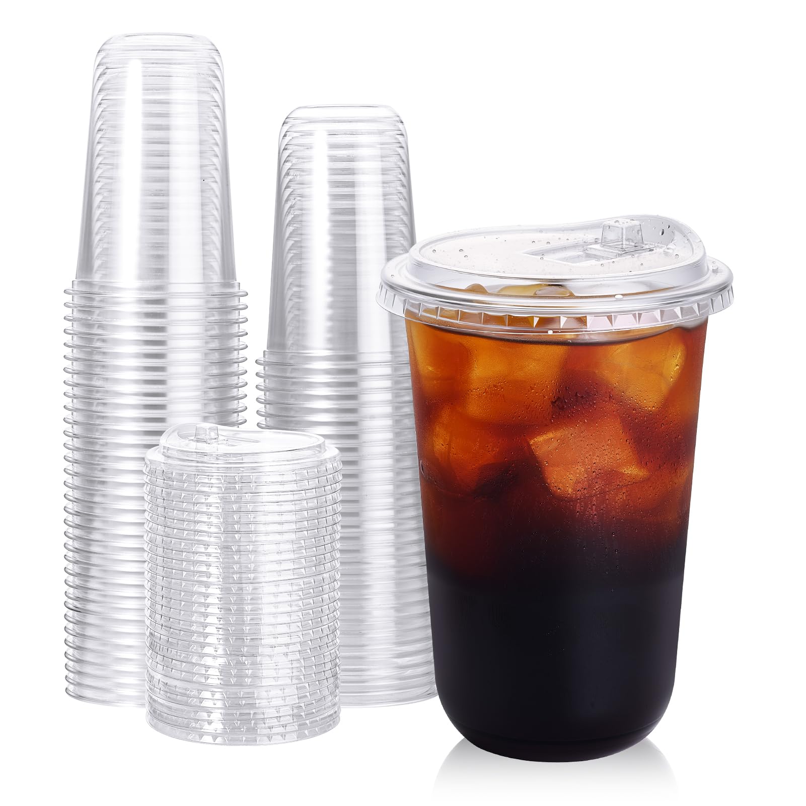Turbo Bee 16oz Plastic Cups with Lids, 100 Pack, Iced Coffee Cups with Lids