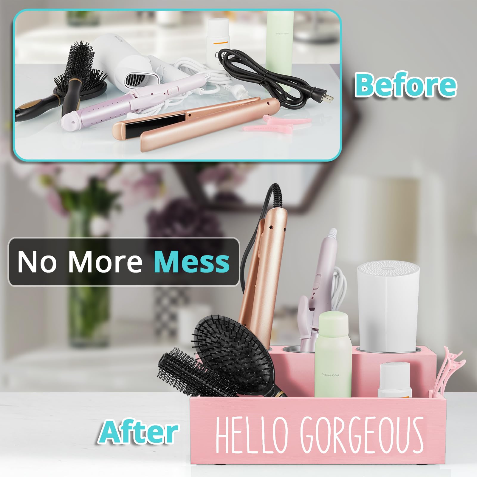 Bivvclaz Hair Tool Organizer Wall Mount, Wooden Hair Dryer Holder Countertop, Hot Tools Organizer For Hair Styling Accessories,