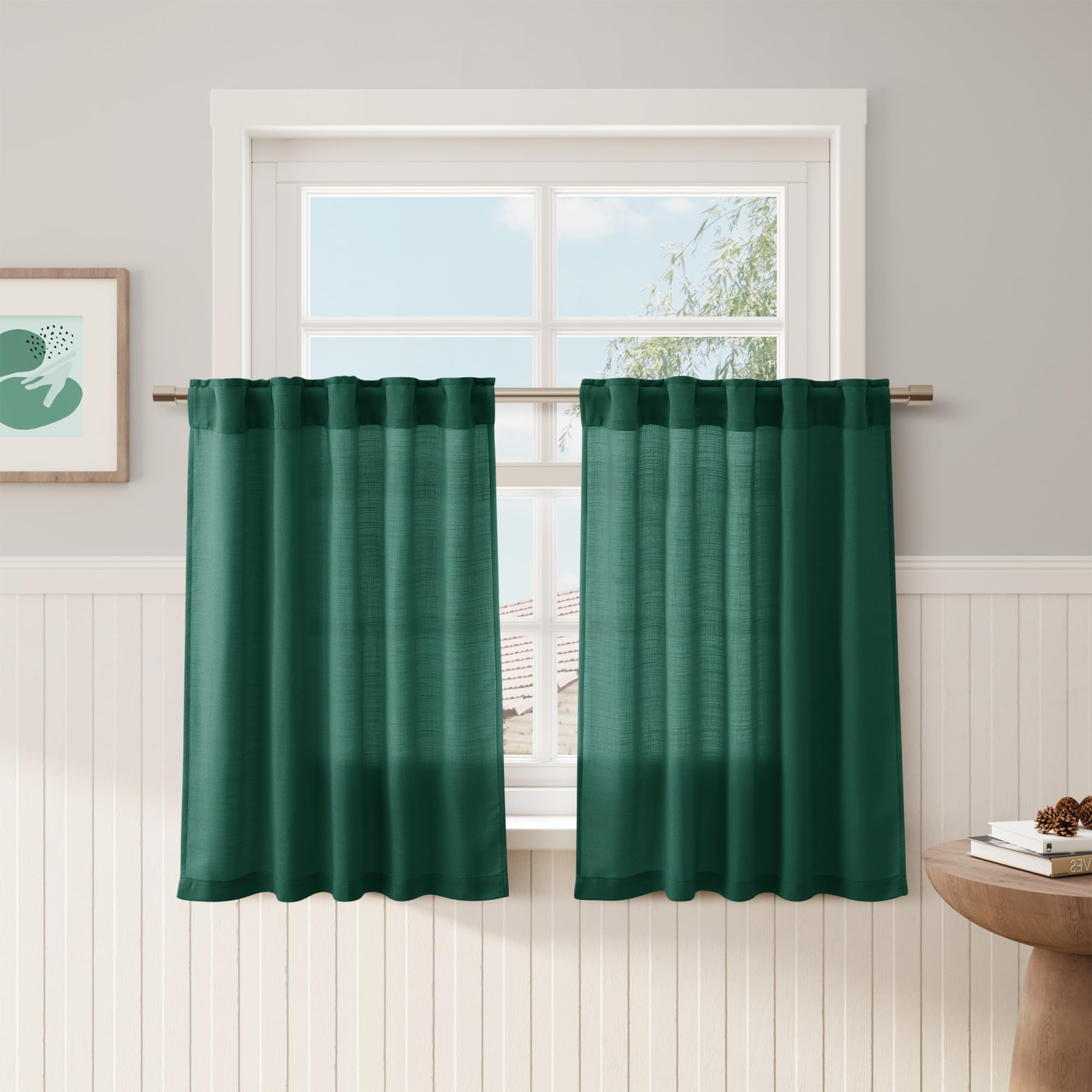 Dark Green Kitchen Linen Curtains 36 Inch Length 2 Pack Privacy Light Filtering Linen Short Drapes with Rod Pocket Back Tab for 