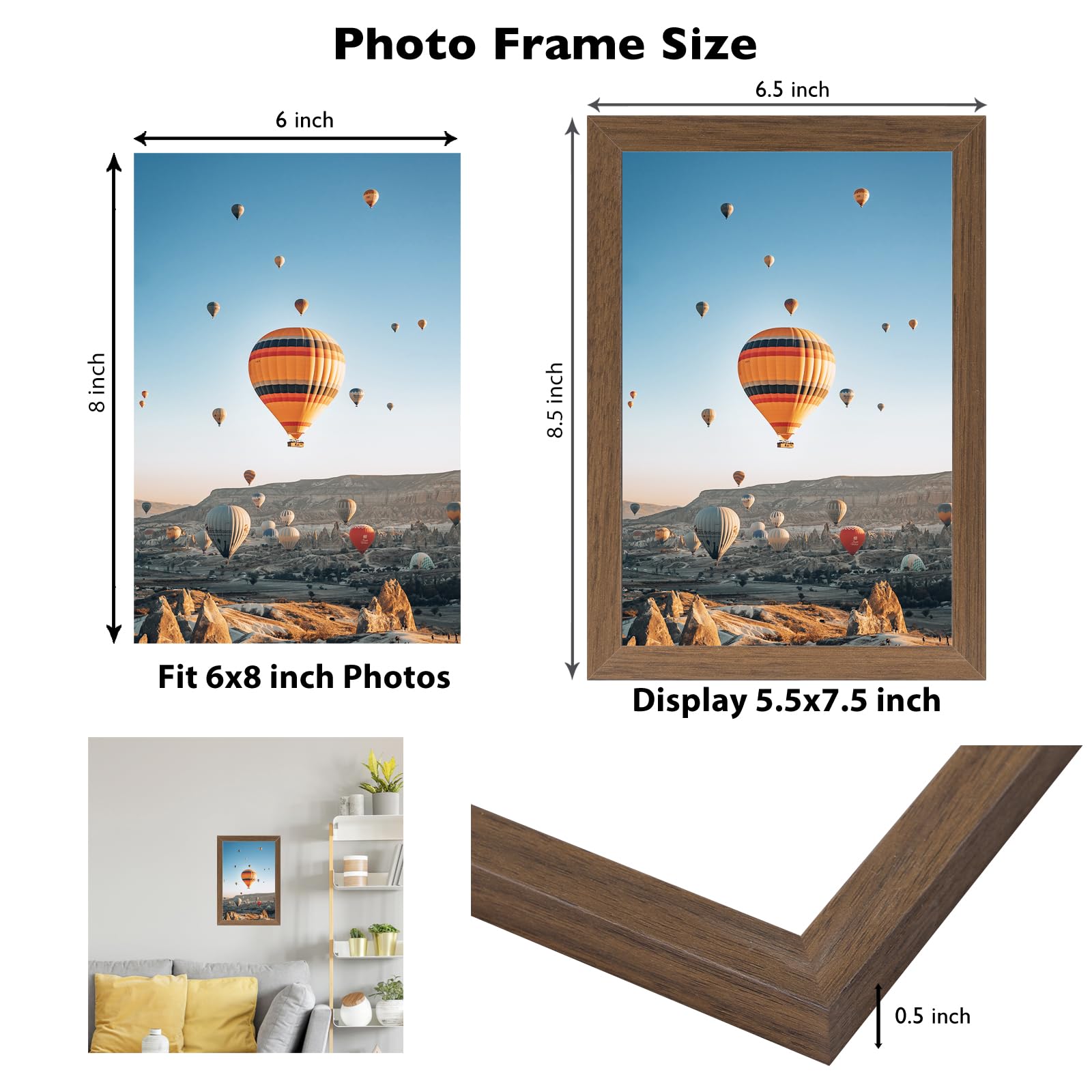 JCJMY 6x8 Picture Frame Brown for Wall Hanging or Tabletop, Wall Mounting Horizontally or Vertically, 6 x 8 Wall Gallery Poster