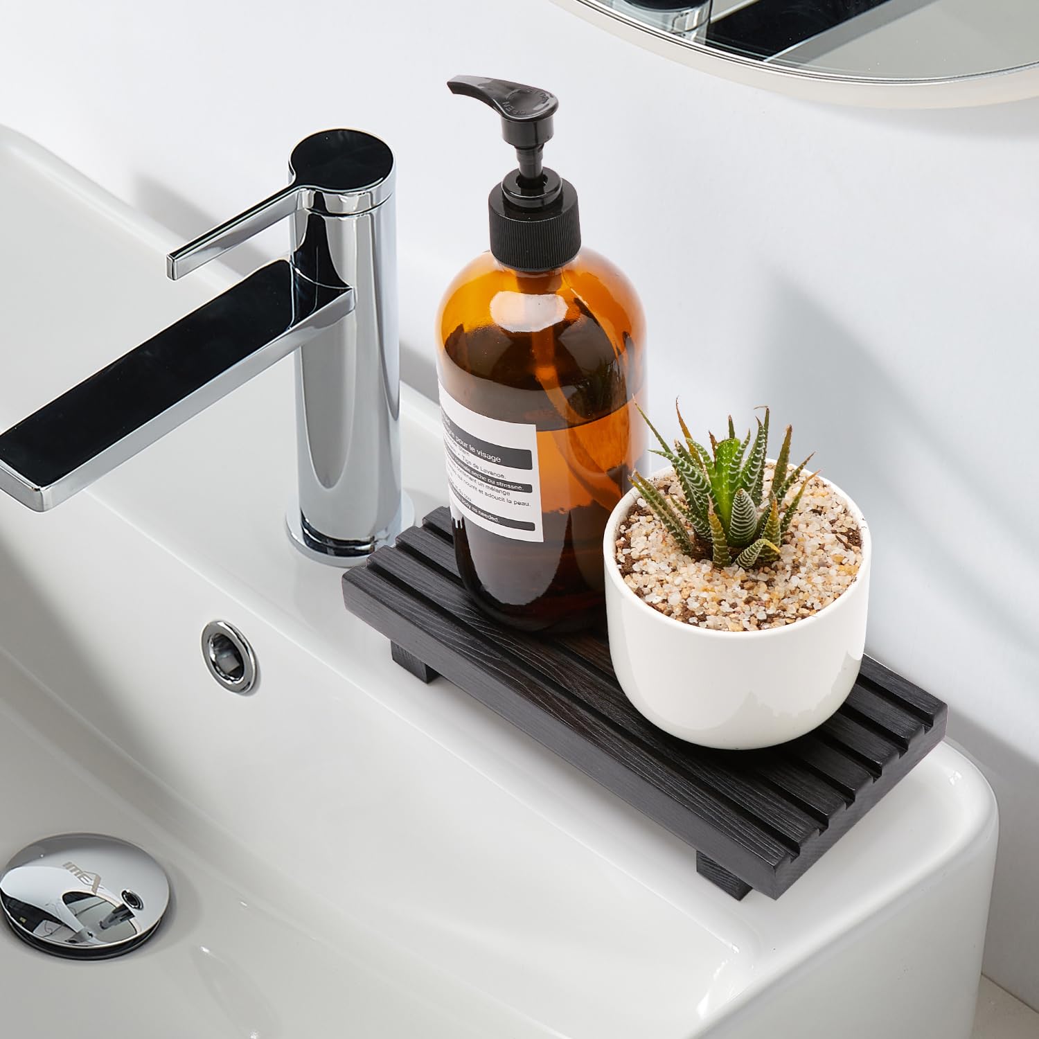 Small Black Bathroom Decor Tray For Counter Dish Soap Holder Wooden Pedestal Stand For Kitchen Sink Soap Dispenser Wood Risers K