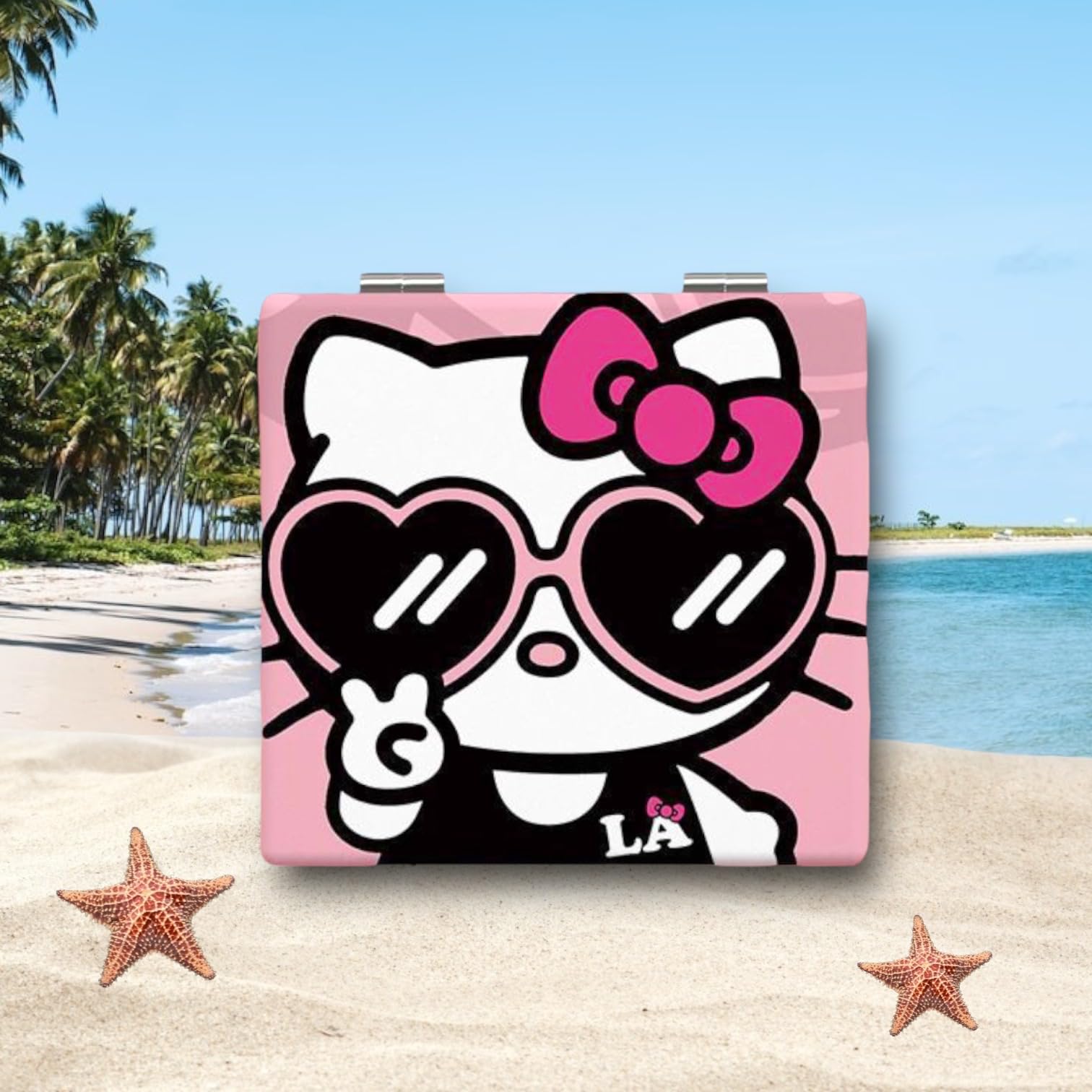 KOZUKI Kitty Compact Pink Magnifier Mirror - 2.6L x 2.7W - Makeup Mirror with Leather Frame - Cat Theme - Double-Sided with Magn