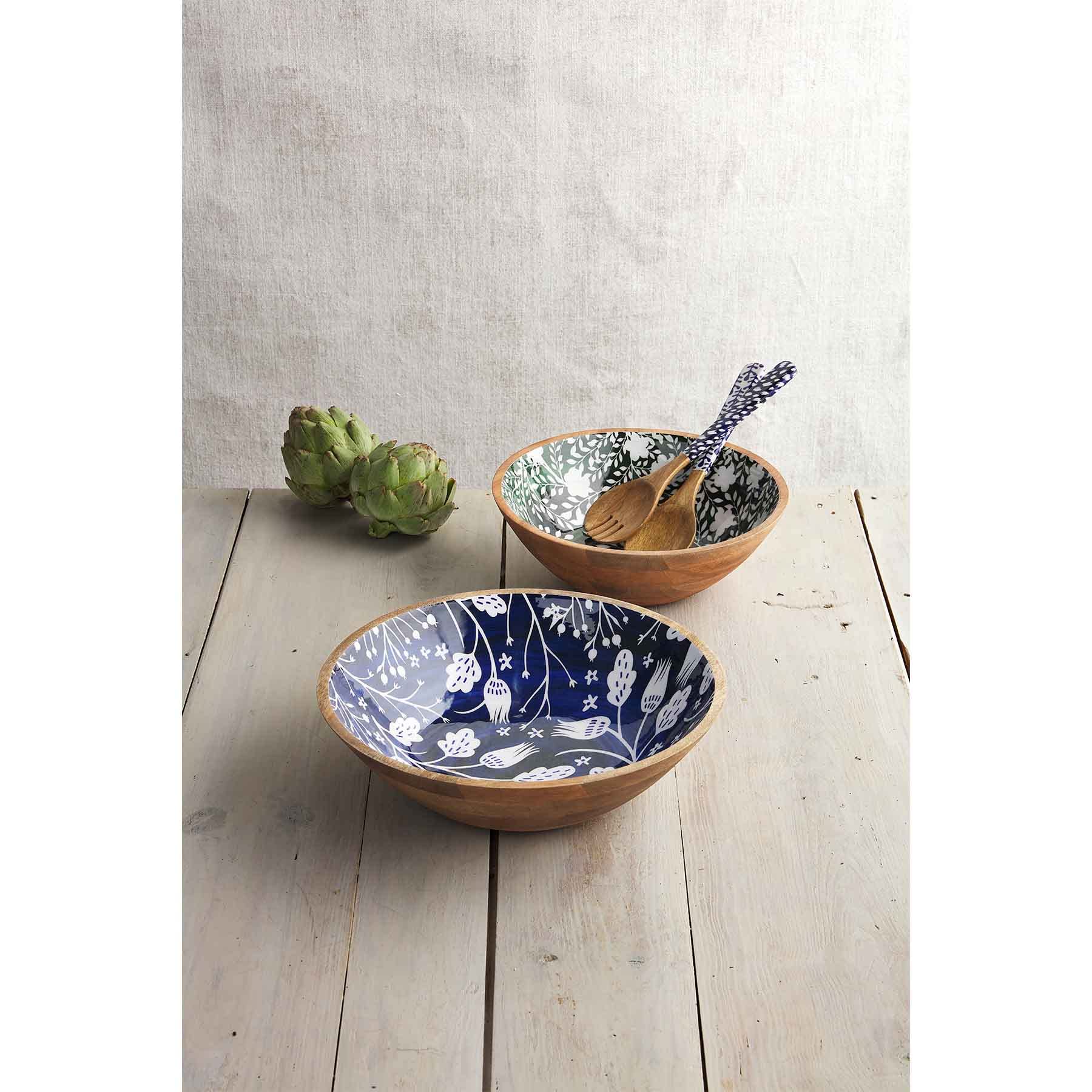 Mud Pie Indigo Carved Serving Bowl Set, Blue/Green, Small 4'' X 12'' Dia | Large 4'' X 14'' Dia