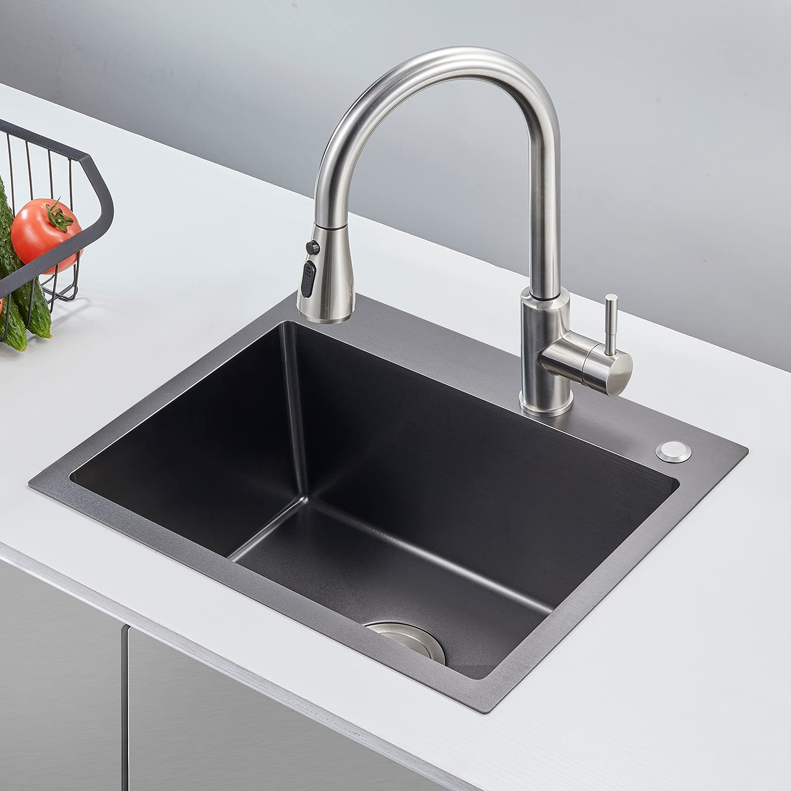 Menatt 24 Inch Drop-In Single Bowl Kitchen Sink Black, 304 Stainless Steel Handmade Topmount Kitchen Bar Sink, Residential Sink,