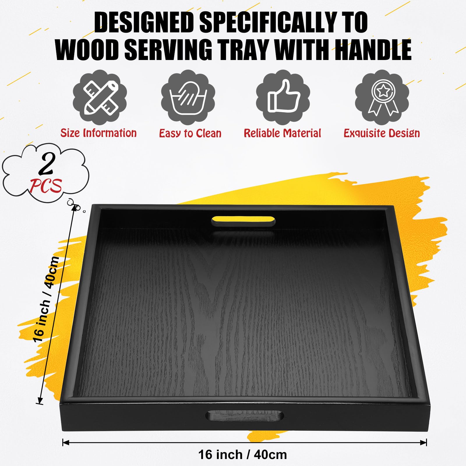 Mumufy 2 Pcs Square Large Ottoman Tray 16 X 16 Inch Extra Large Wood Serving Tray With Handle Black Ottoman Tray Ottoman Decorat