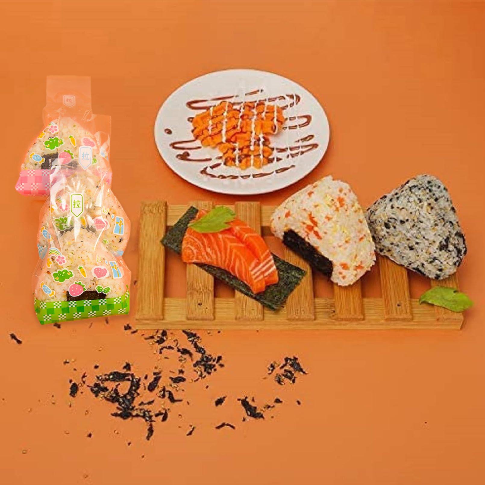 Chasbete Onigiri Mold And Wrappers Set, 2 Sushi Mold + 100 Disposable Onigiri Wrappers + Sealing Tapes For Rice Ball Maker/Onigi