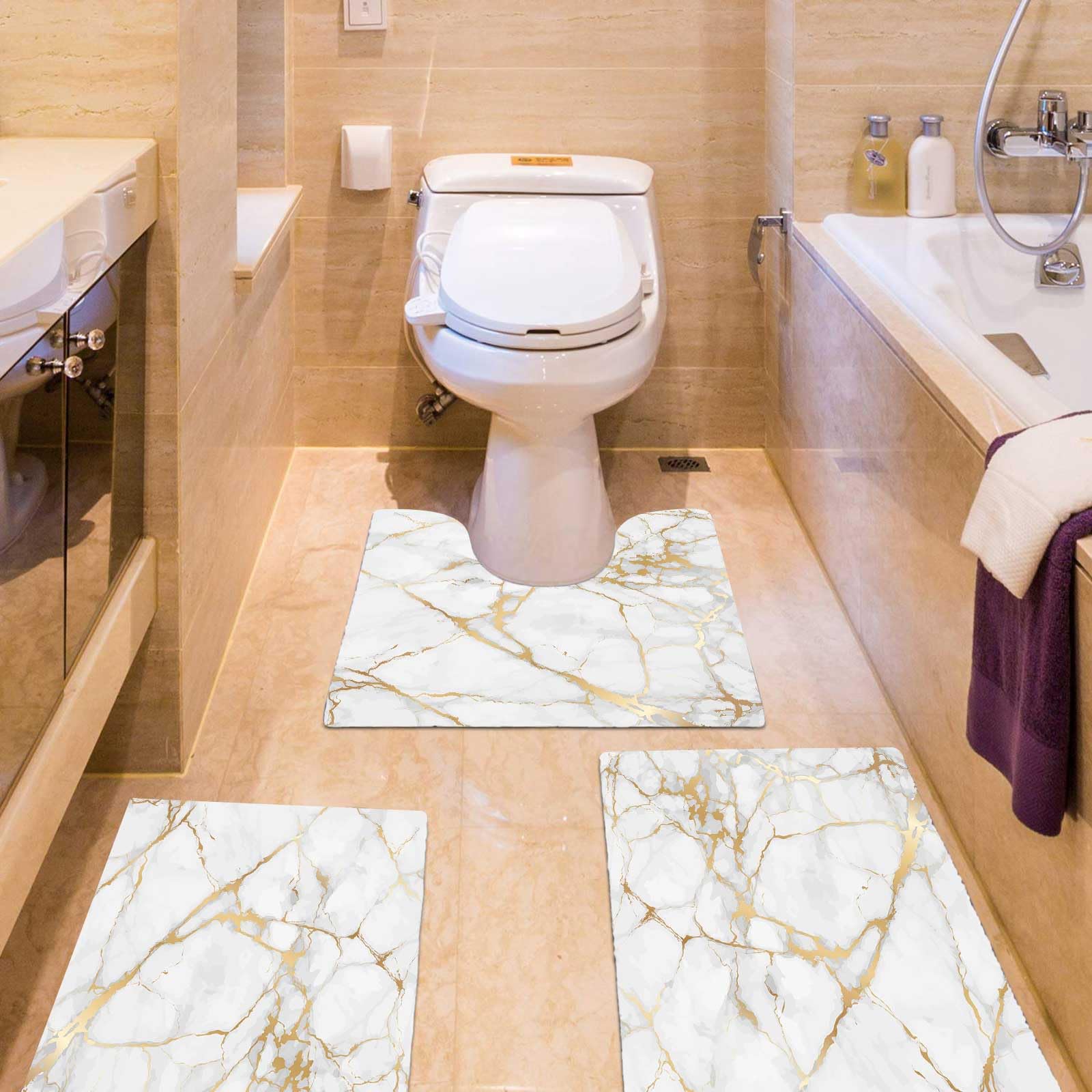 Emmteey Bathroom Rugs Sets 3 Piece, Gold White Marble Toilet Mats Bath Mat Set Non Slip Super Absorbent Bathroom Mat Quick Dryin