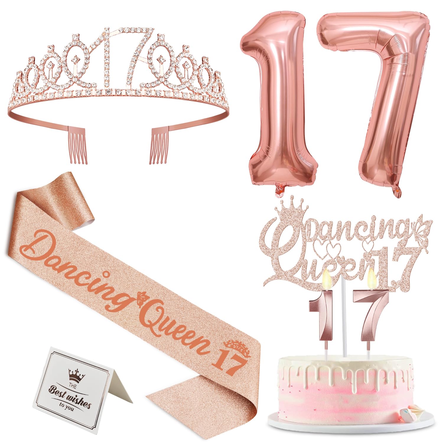 Dancing Queen Party Decorations 17 Rose Gold With 17Th Dancing Queen Sash And Tiara, 17Th Birthday Cake Topper And Candles, 17 N