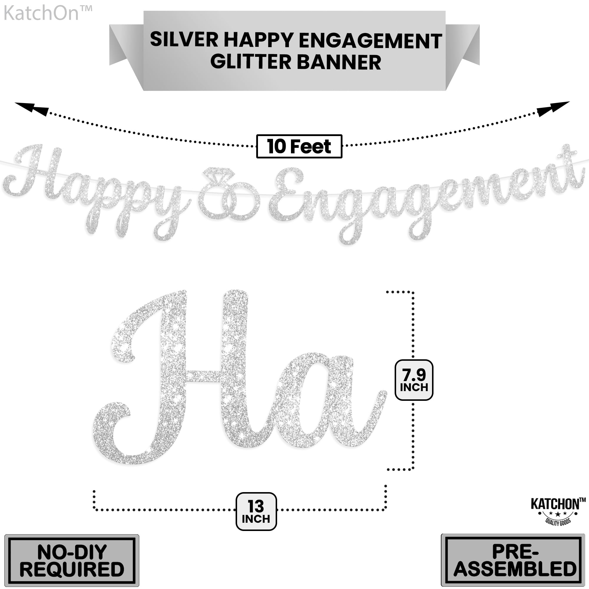 Katchon, Silver Glitter Happy Engagement Banner - 10 Feet, No Diy | Engagement Party Decorations | Engagement Party Banner | Hap