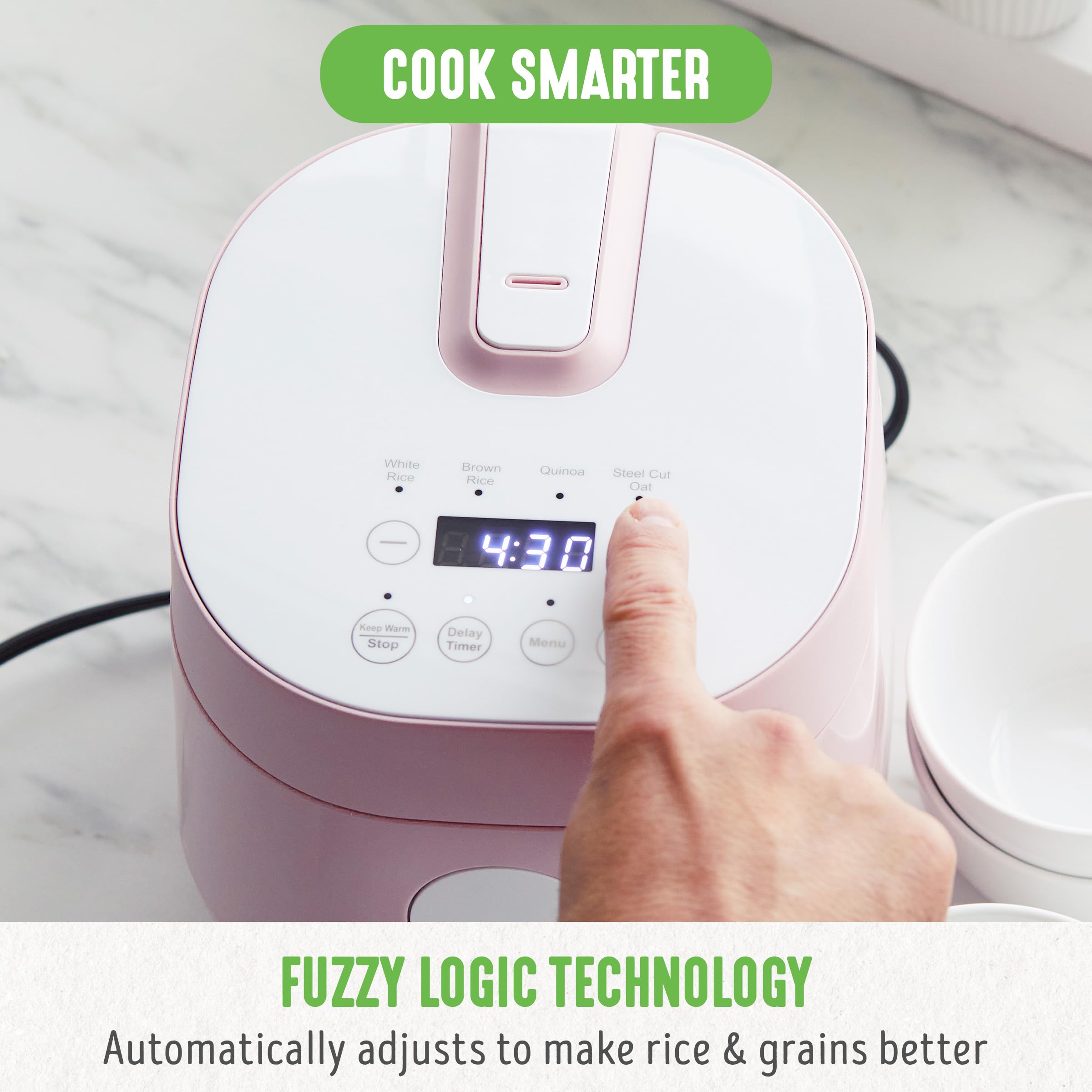Greenlife 4-Cup Digital Rice Cooker, Pfas & Pfoa-Free Removable Ceramic Dishwasher Safe Pot, Healthy Cooking Oats Grains & More,