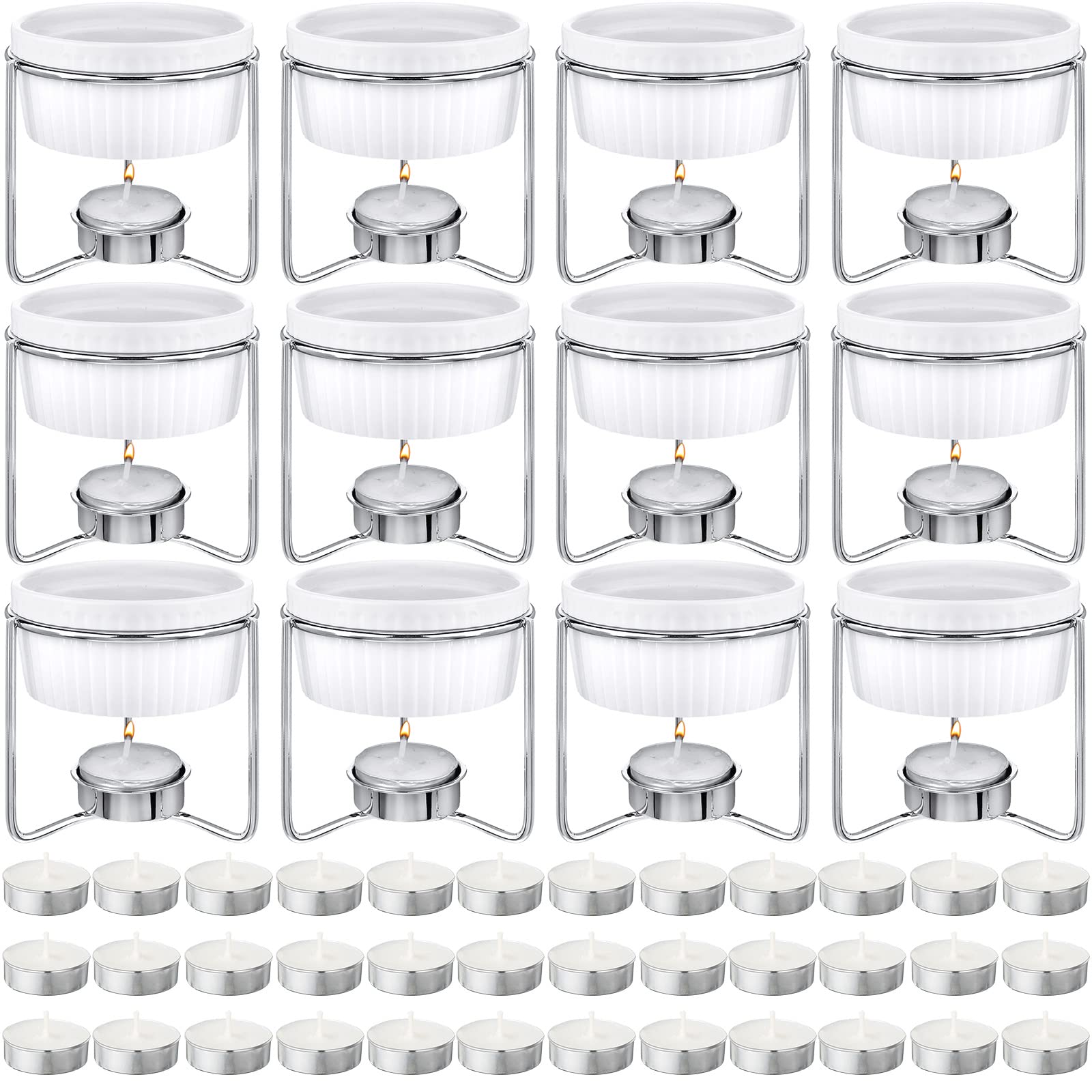 60 Pcs Ceramic Butter Warmers Set, Include 12 Pcs Butter Warmers For Seafood Butter Melter With Stands, 48 Pcs Tea Light Candles