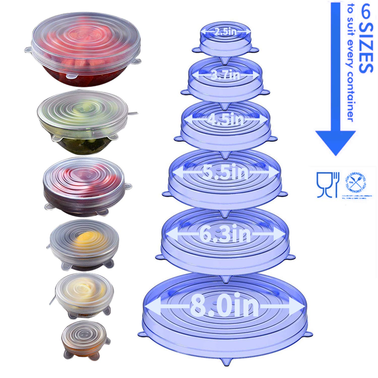 StickAny Silicone Stretch Lids, 18 Pack Reusable Bowl Covers, Transparent, 6 Sizes for Food Containers, Model 20010