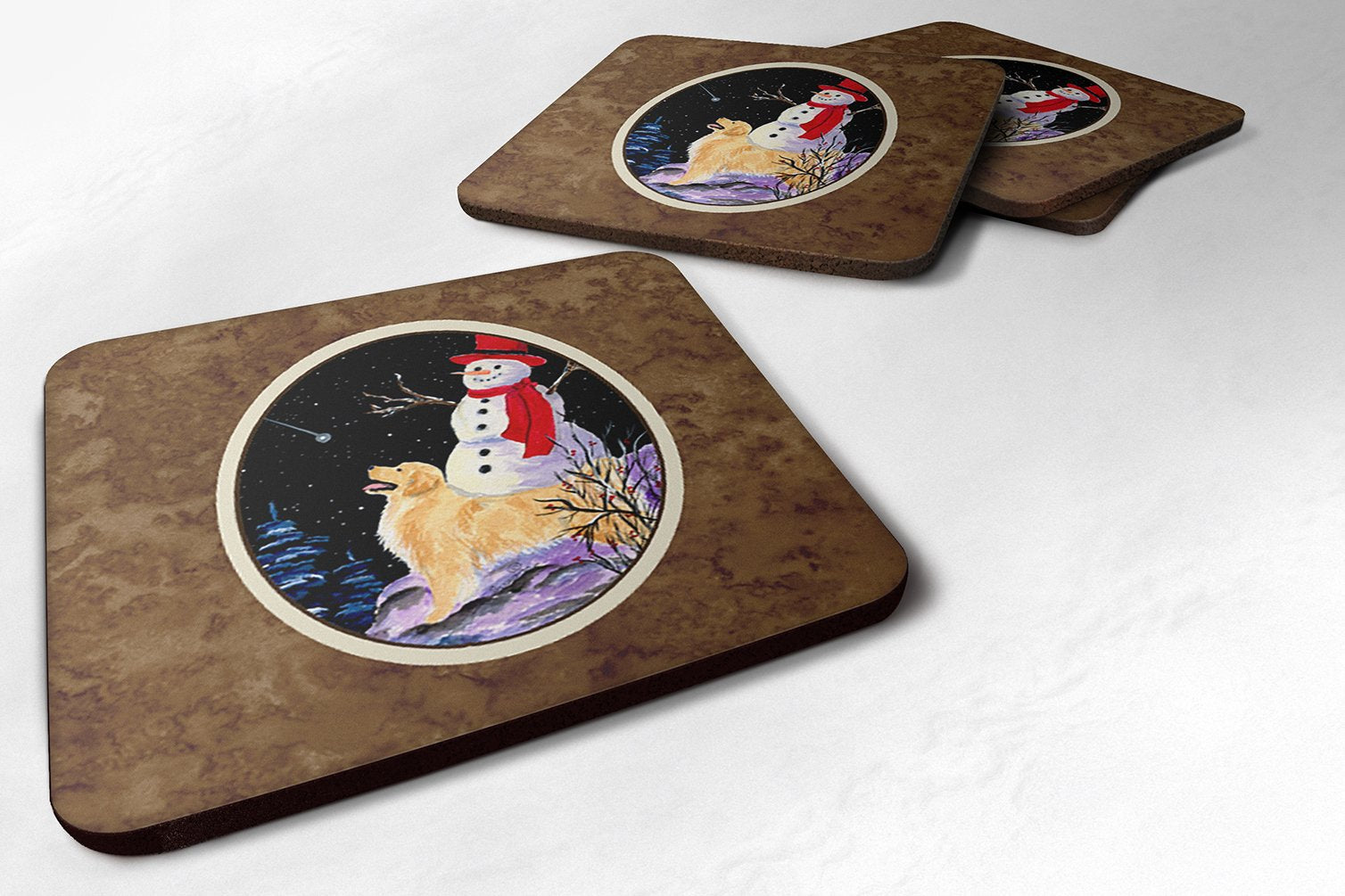 Carolines Treasures Golden Retriever with Snowman in red Hat Foam Coasters (Set of 4), 3.5 H x 3.5 W, Multicolor