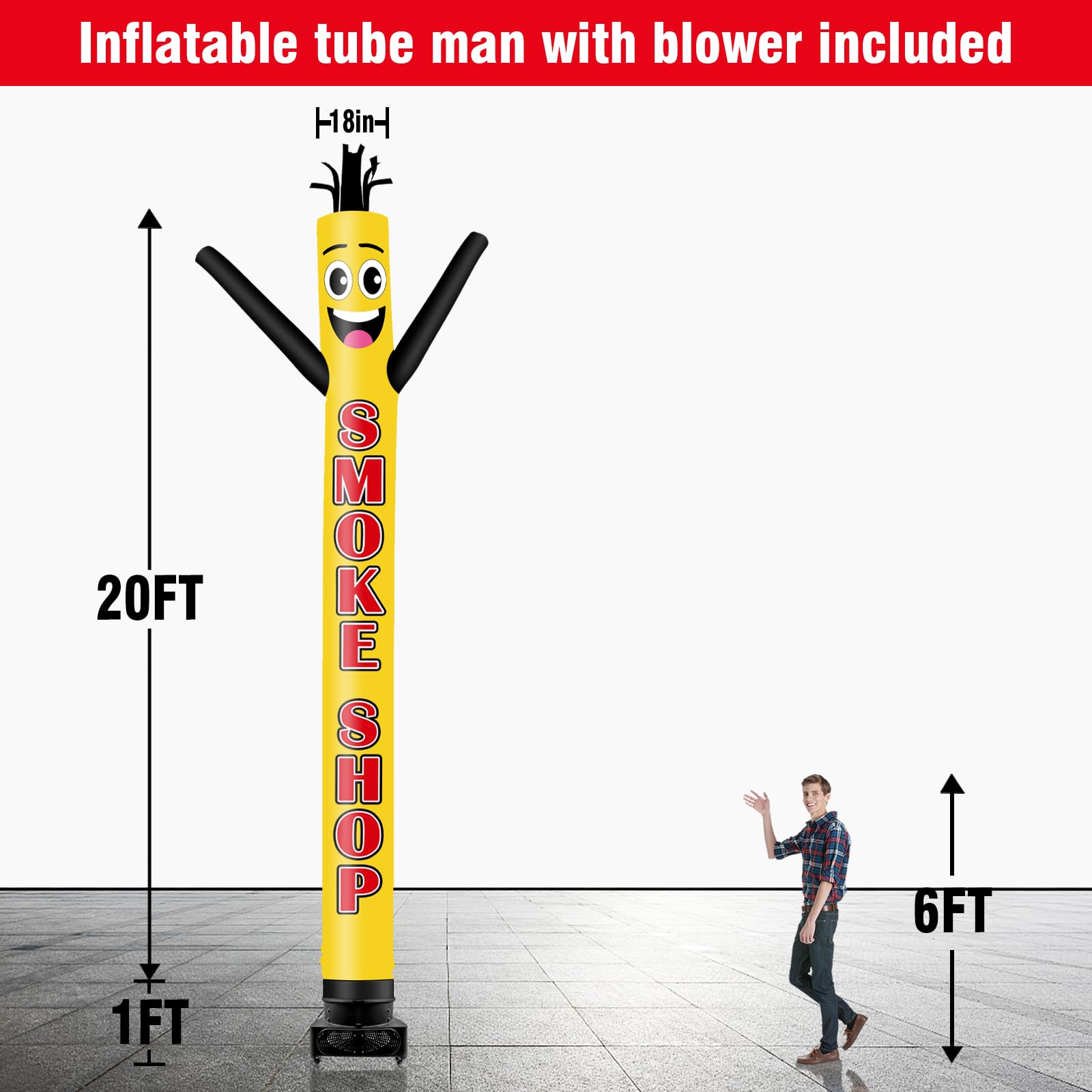 GOODENY 20FT Tall Inflatable Tube Man Smoke Shop Wacky Wavy Dancing Guy with 1.5 HP Weather-Resistant Blower (18  Diameter) for