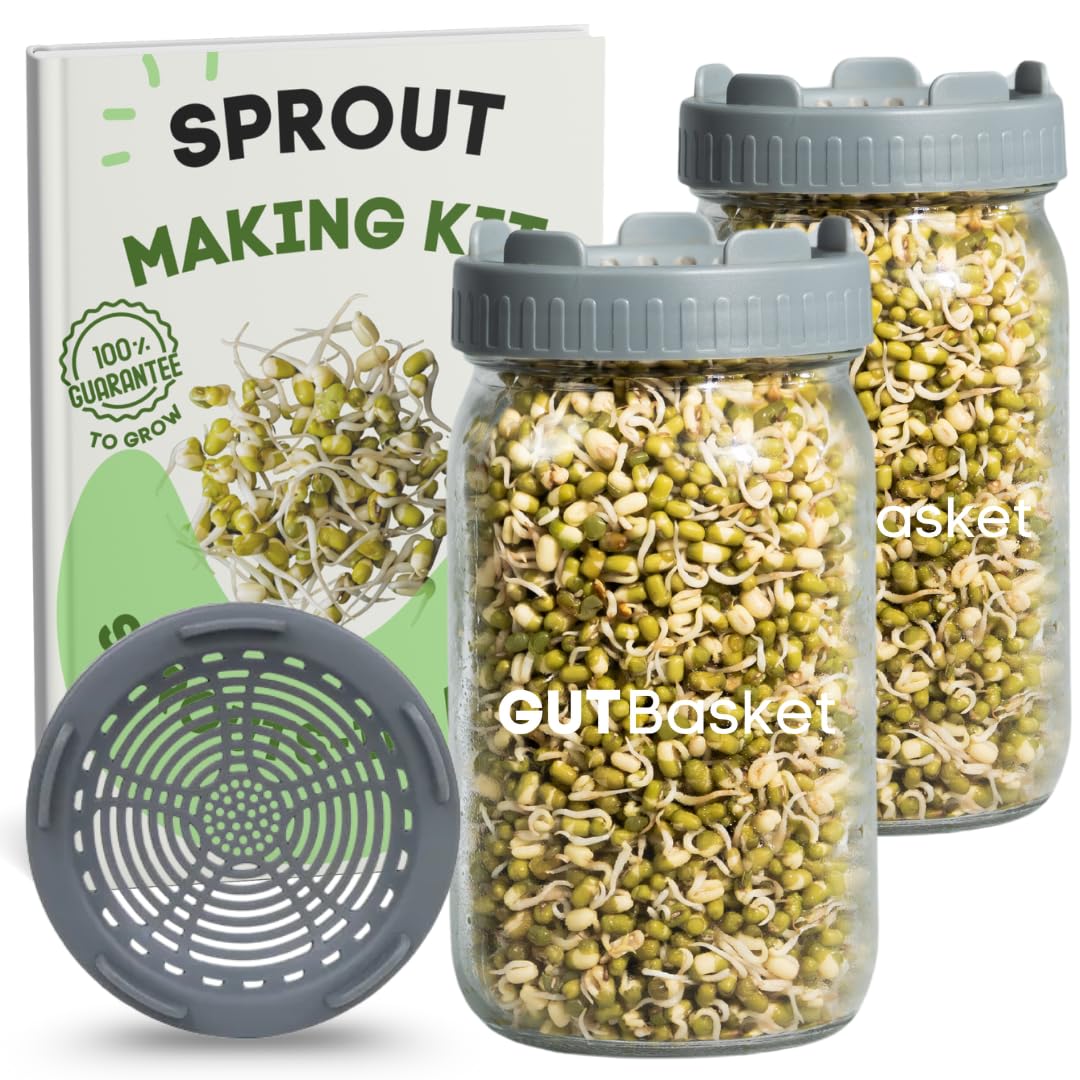 Gutbasket Sprouting Kit | Includes 2 Glass Sprout Jars (700 Ml Each) With Sprouting Lids + Organic Seed Mix | Sprout Maker For M