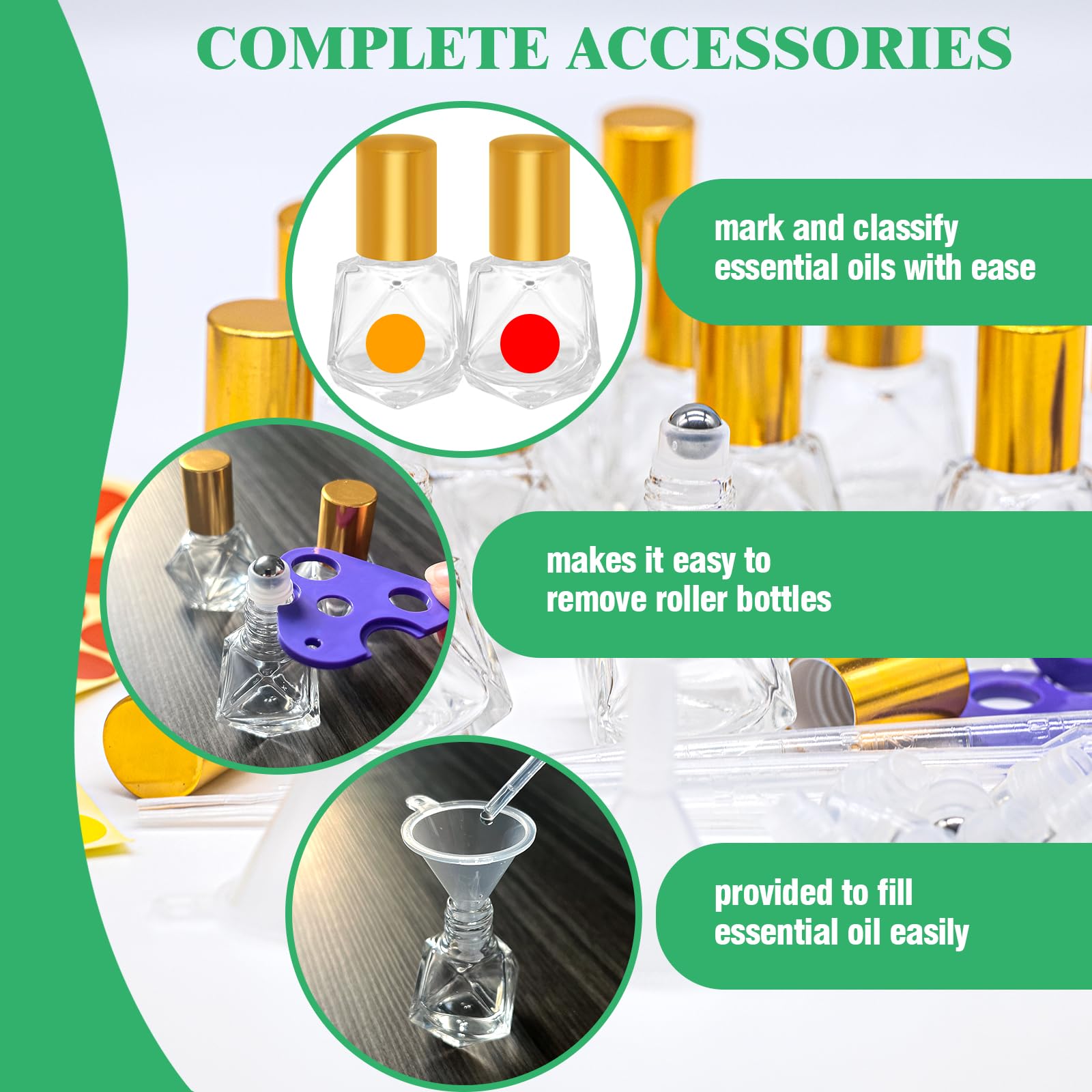 Yauhar 30Pcs 8Ml/0.27Oz Travel Essential Oil Roll On Bottle With Stainless Steel Ball Gold Cap Set Contains Polygonal Clear Glas