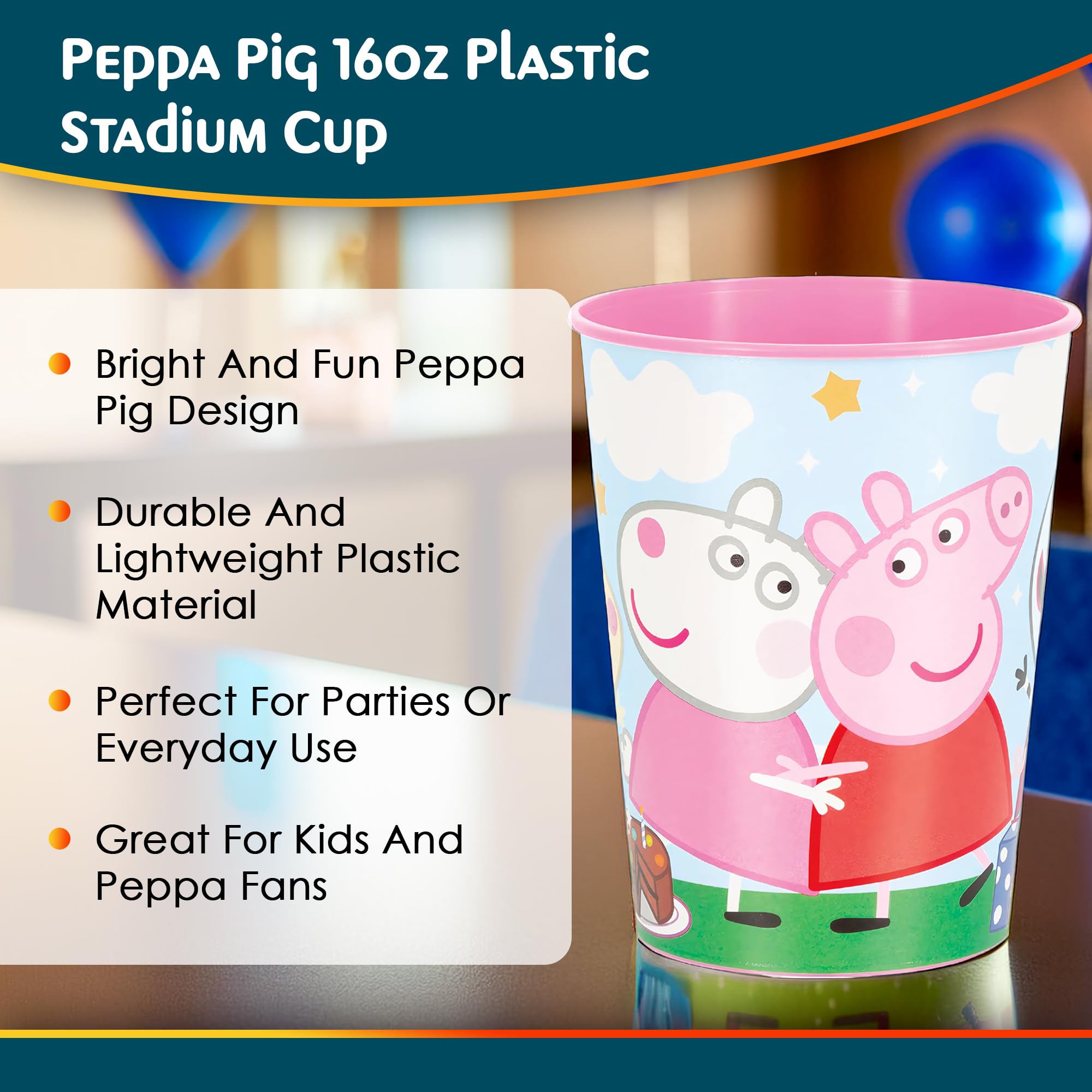 Unique Industries Peppa Pig Reusable Pink Plastic Stadium Cup - 16 Oz (1 Pc) | Perfect Party Decor Accessory For Kids' Celebrati