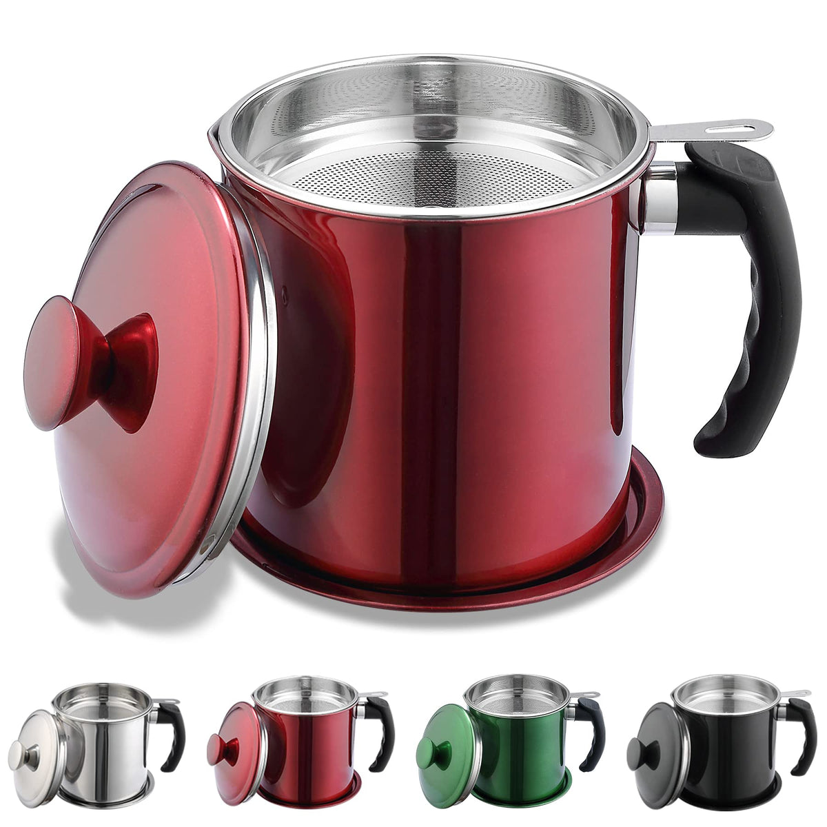 Kyraton Bacon Grease Container With Strainer, 48 Oz Metal Shining Red Stainless Steel Oil Container, Pot Fat Storage With Lid, E
