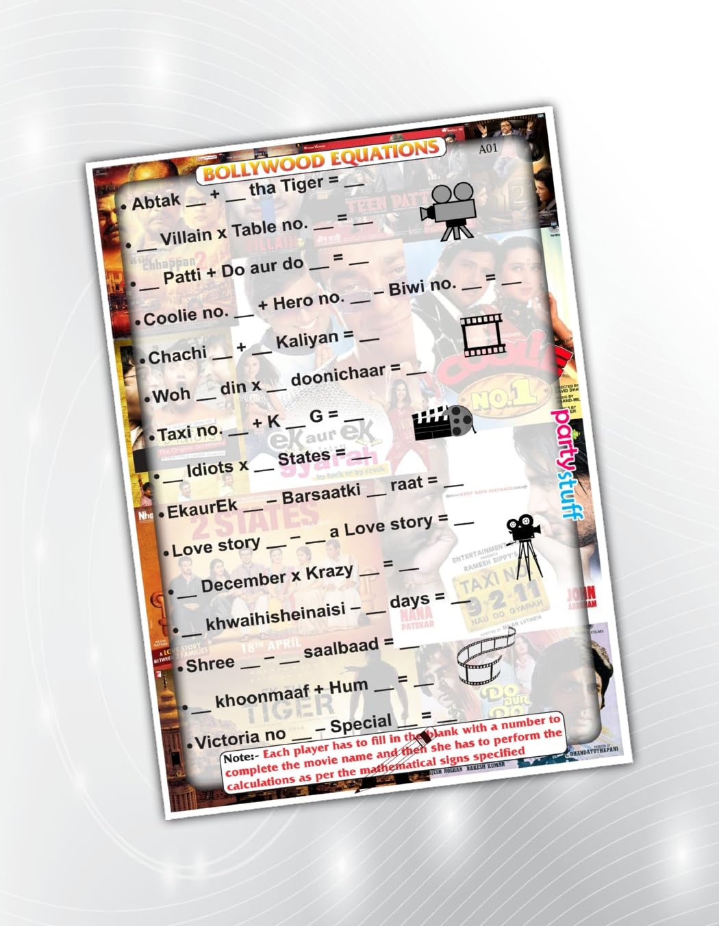 PartyStuff Paper Games  Bollywood Equations Guess Numbers (12 Piece)  Multicolor