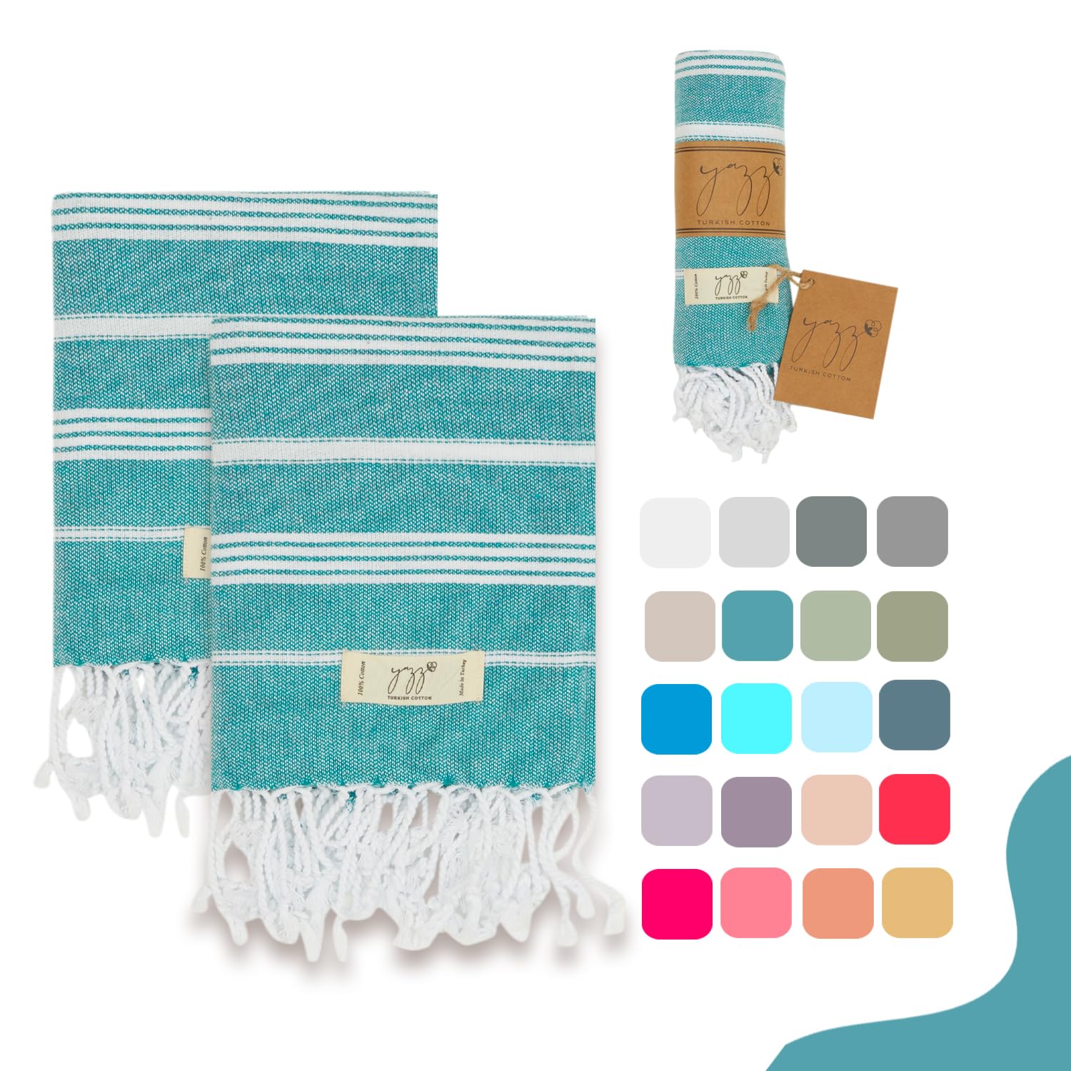 Yazz Turkish Cotton Hand Towels - Set Of 2 | 18'' X 30'' Inches | Cotton Turkish Hand Towel Sets Clearance | Hand Face Towels |